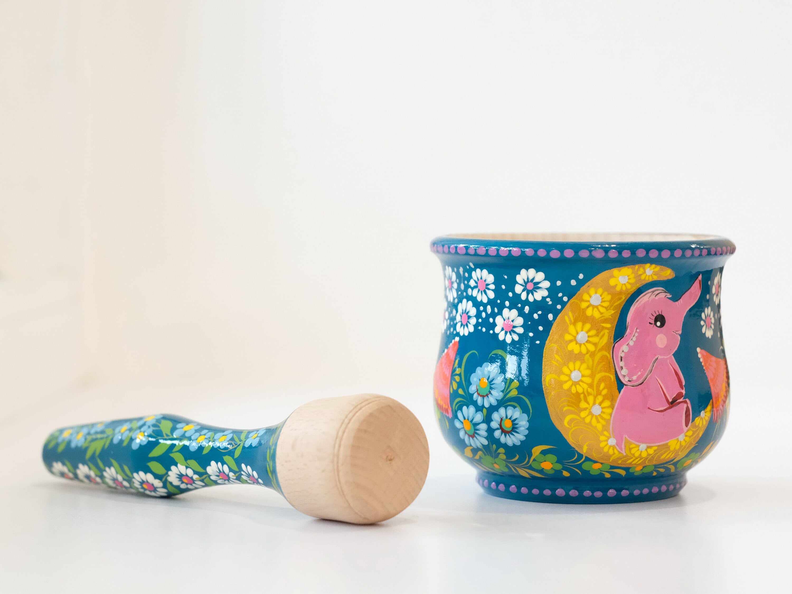 Wooden Mortar and Pestle set with Hand-painted Pink Elephant on Moon - Mushroom Spices Masher, Artisanal Turquoise Crush Bowl