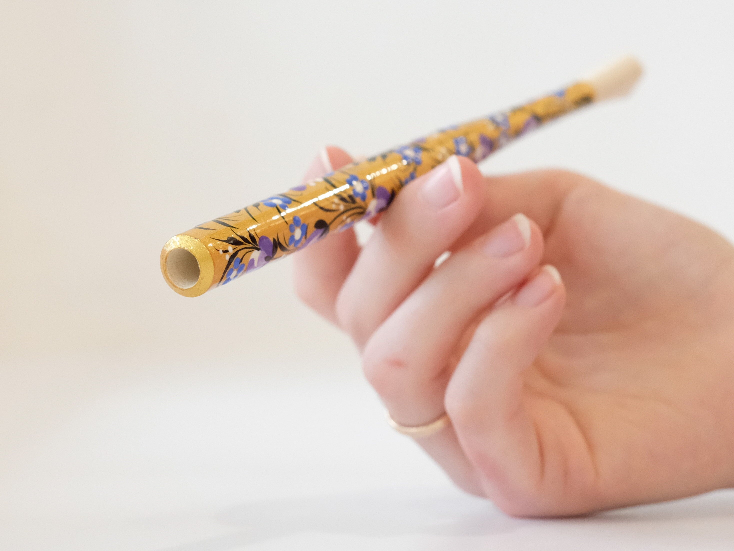 Long Wooden Regular Cigarette Holder - Hand-painted with Ukrainian Folk Art Petrykivka - Purple Flowers