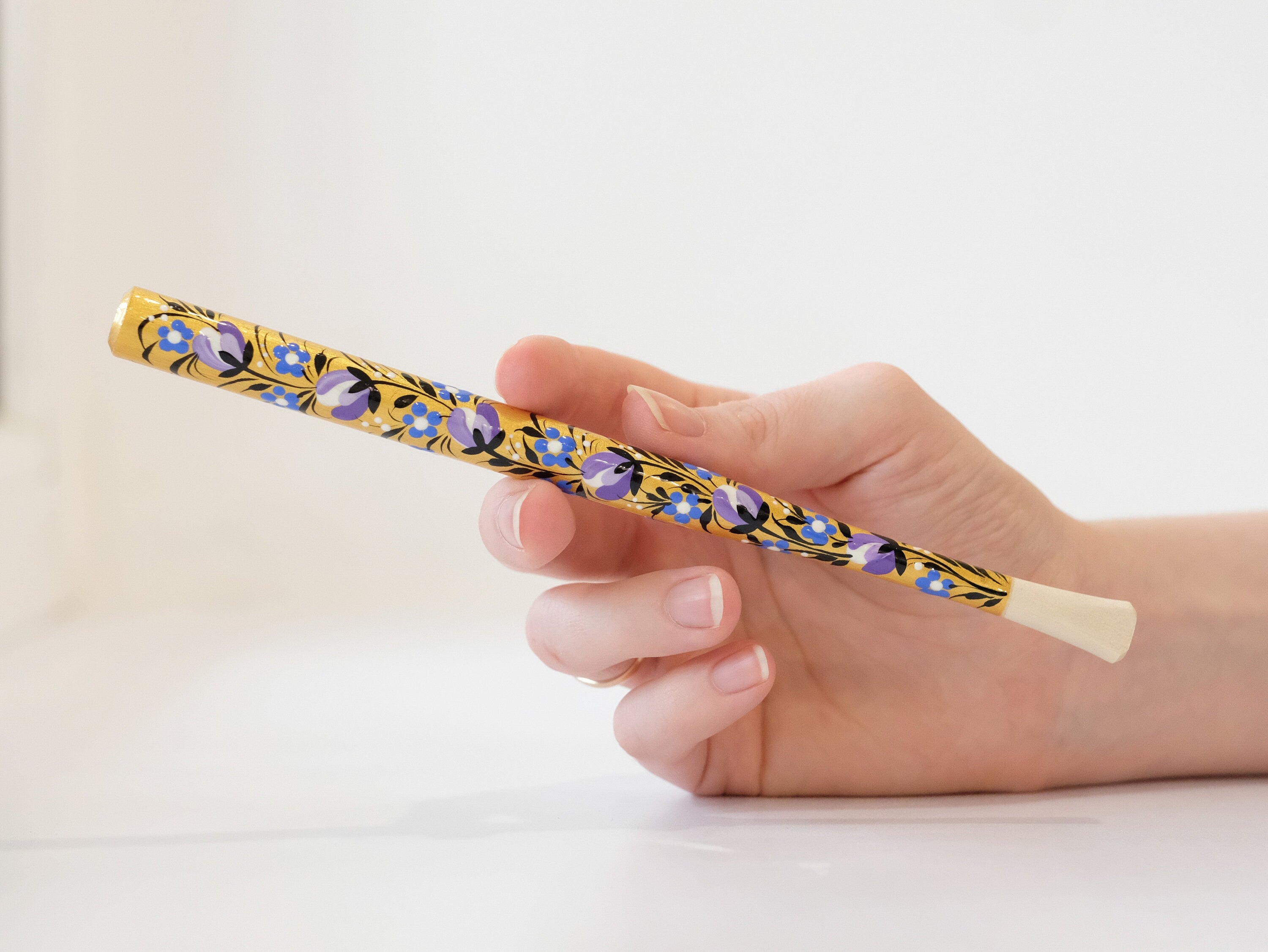 Long Wooden Regular Cigarette Holder - Hand-painted with Ukrainian Folk Art Petrykivka - Purple Flowers