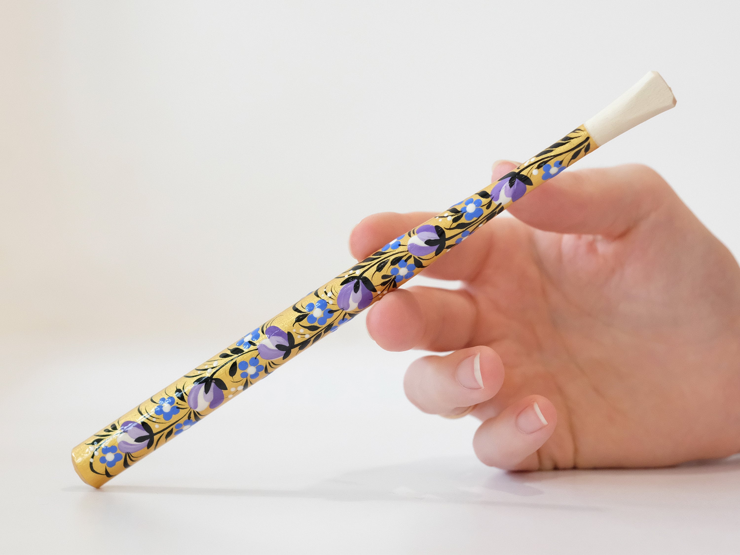 Long Wooden Regular Cigarette Holder - Hand-painted with Ukrainian Folk Art Petrykivka - Purple Flowers