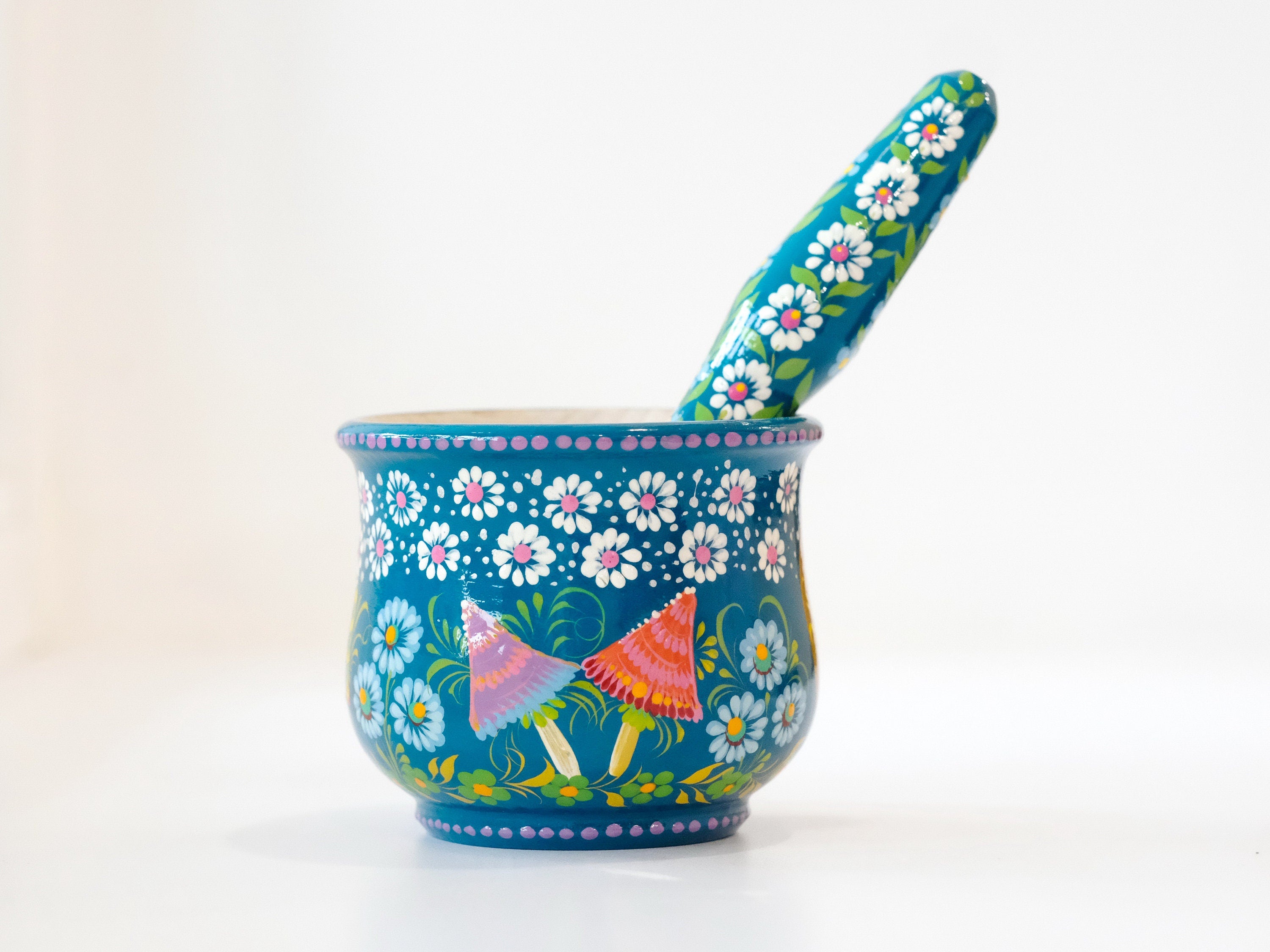 Wooden Mortar and Pestle set with Hand-painted Pink Elephant on Moon - Mushroom Spices Masher, Artisanal Turquoise Crush Bowl