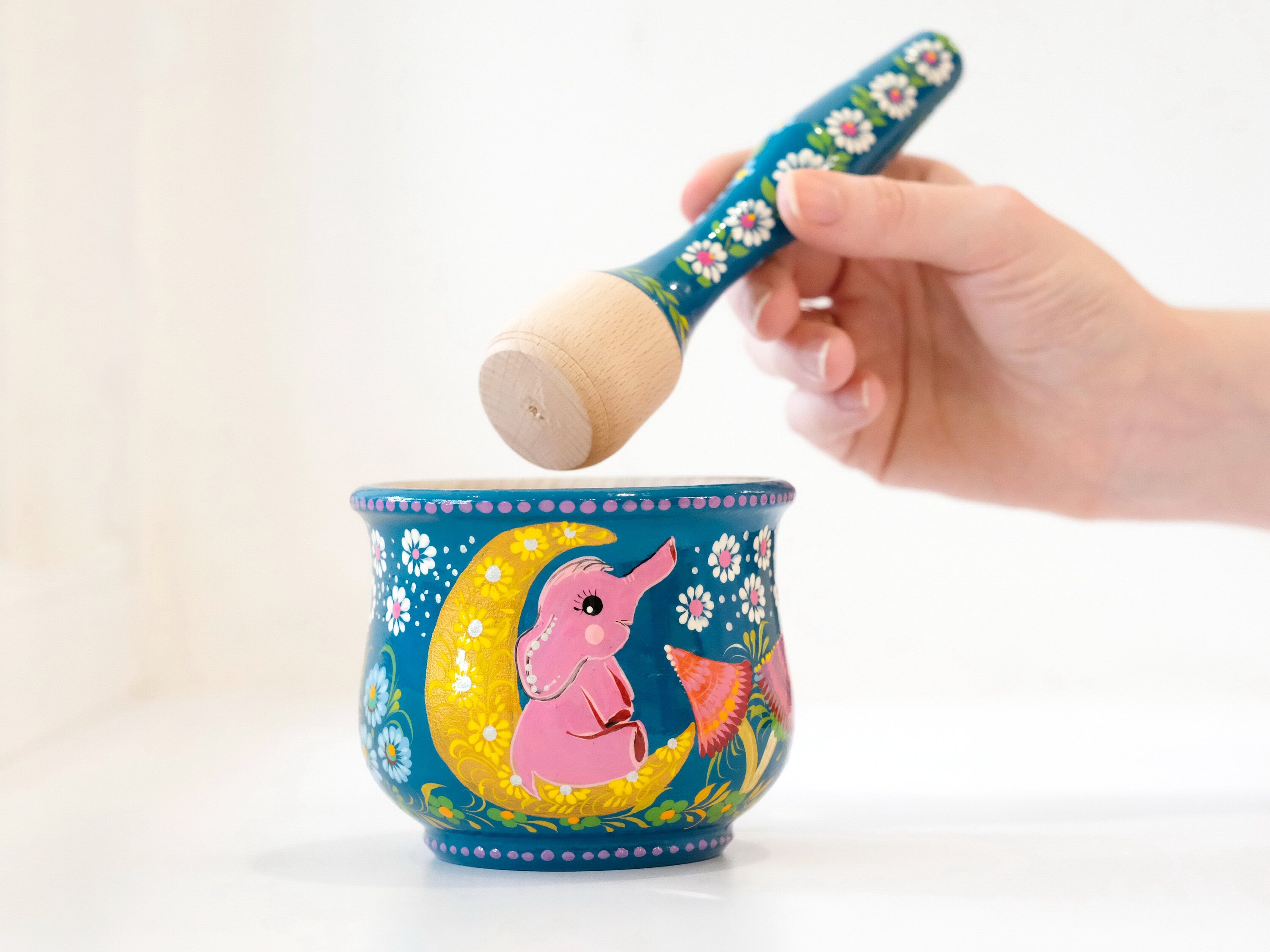 Wooden Mortar and Pestle set with Hand-painted Pink Elephant on Moon - Mushroom Spices Masher, Artisanal Turquoise Crush Bowl