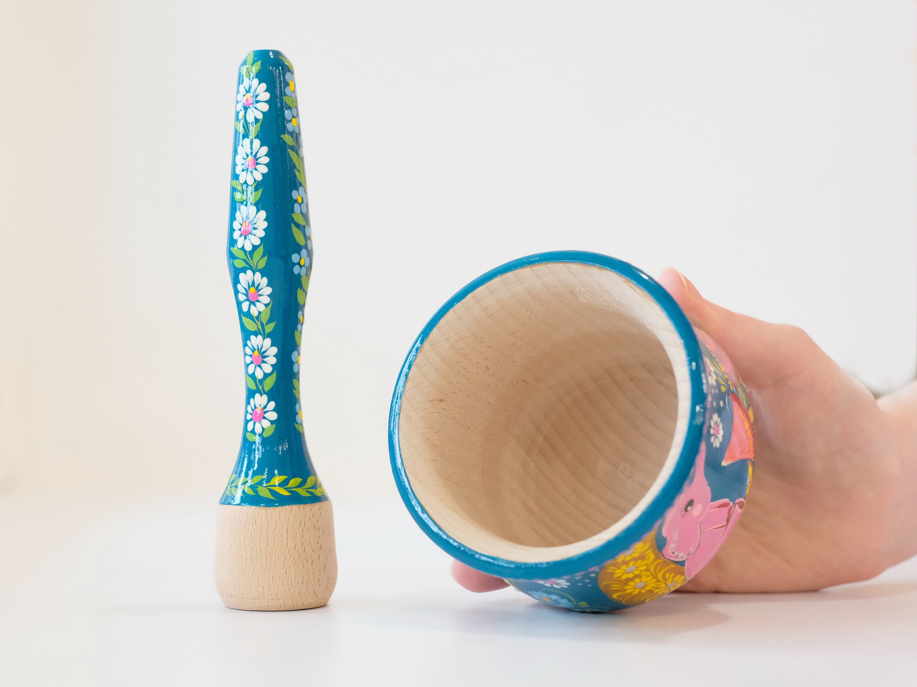Wooden Mortar and Pestle set with Hand-painted Pink Elephant on Moon - Mushroom Spices Masher, Artisanal Turquoise Crush Bowl