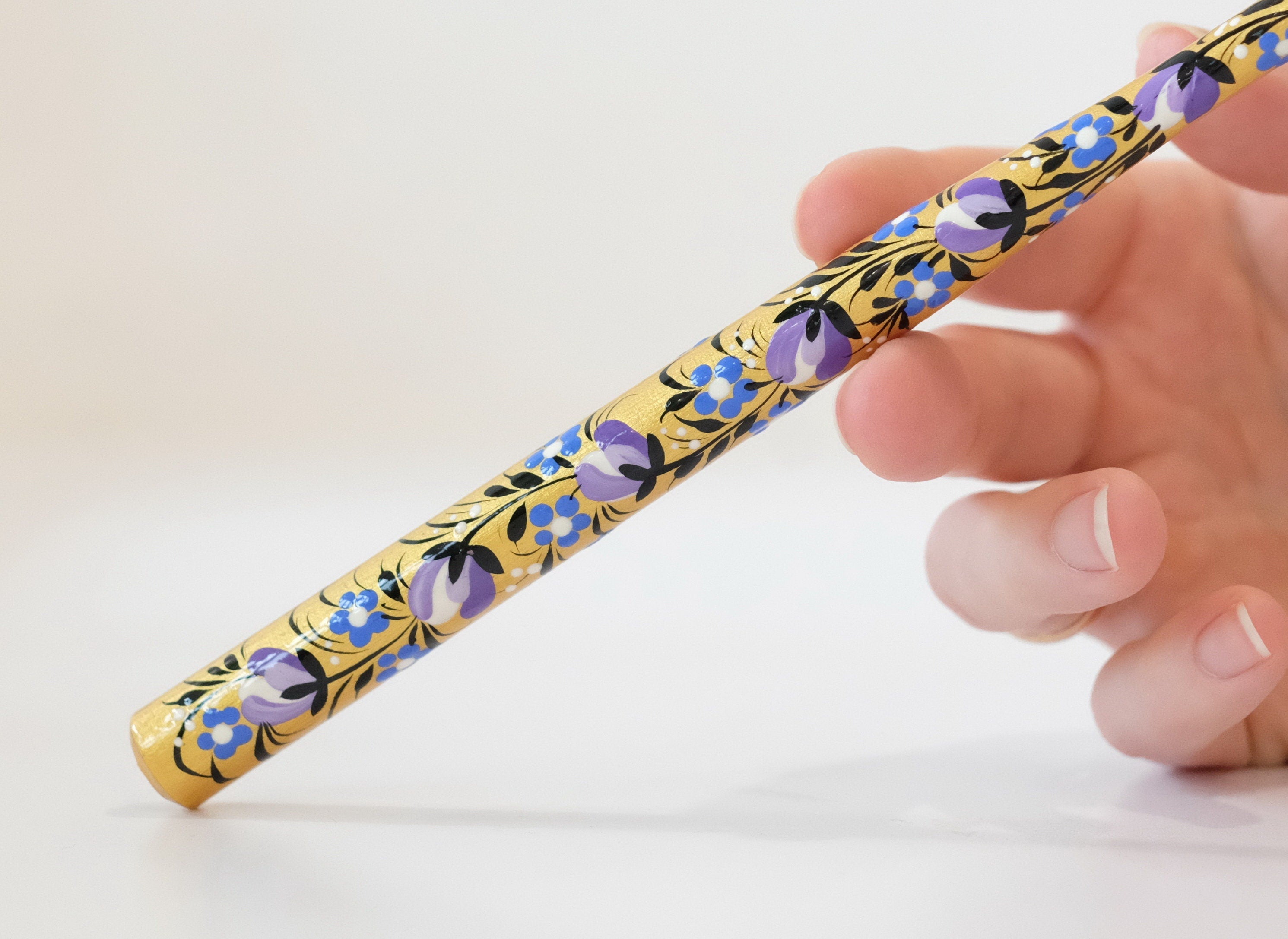 Long Wooden Regular Cigarette Holder - Hand-painted with Ukrainian Folk Art Petrykivka - Purple Flowers