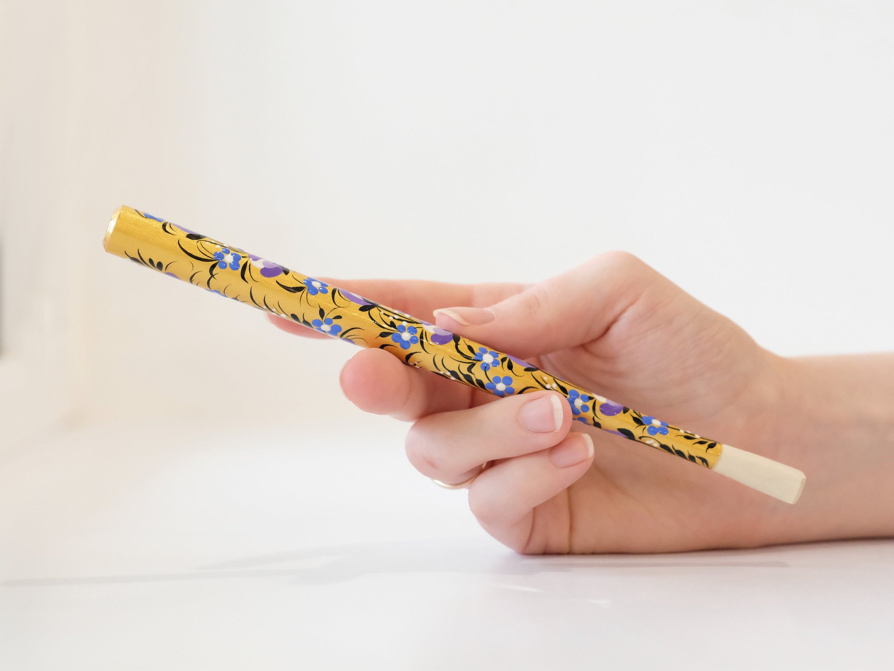 Long Wooden Regular Cigarette Holder - Hand-painted with Ukrainian Folk Art Petrykivka - Purple Flowers