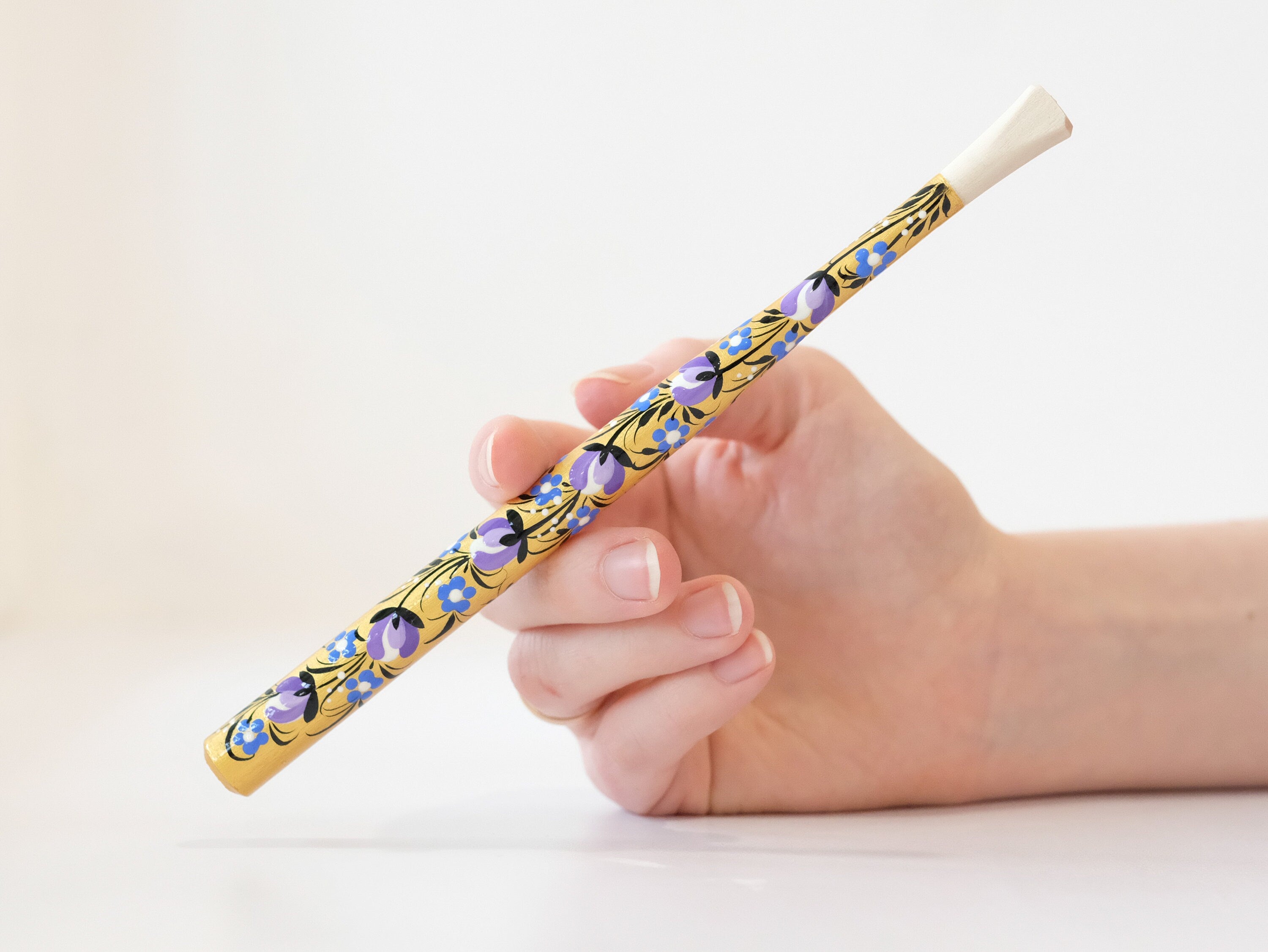 Long Wooden Regular Cigarette Holder - Hand-painted with Ukrainian Folk Art Petrykivka - Purple Flowers