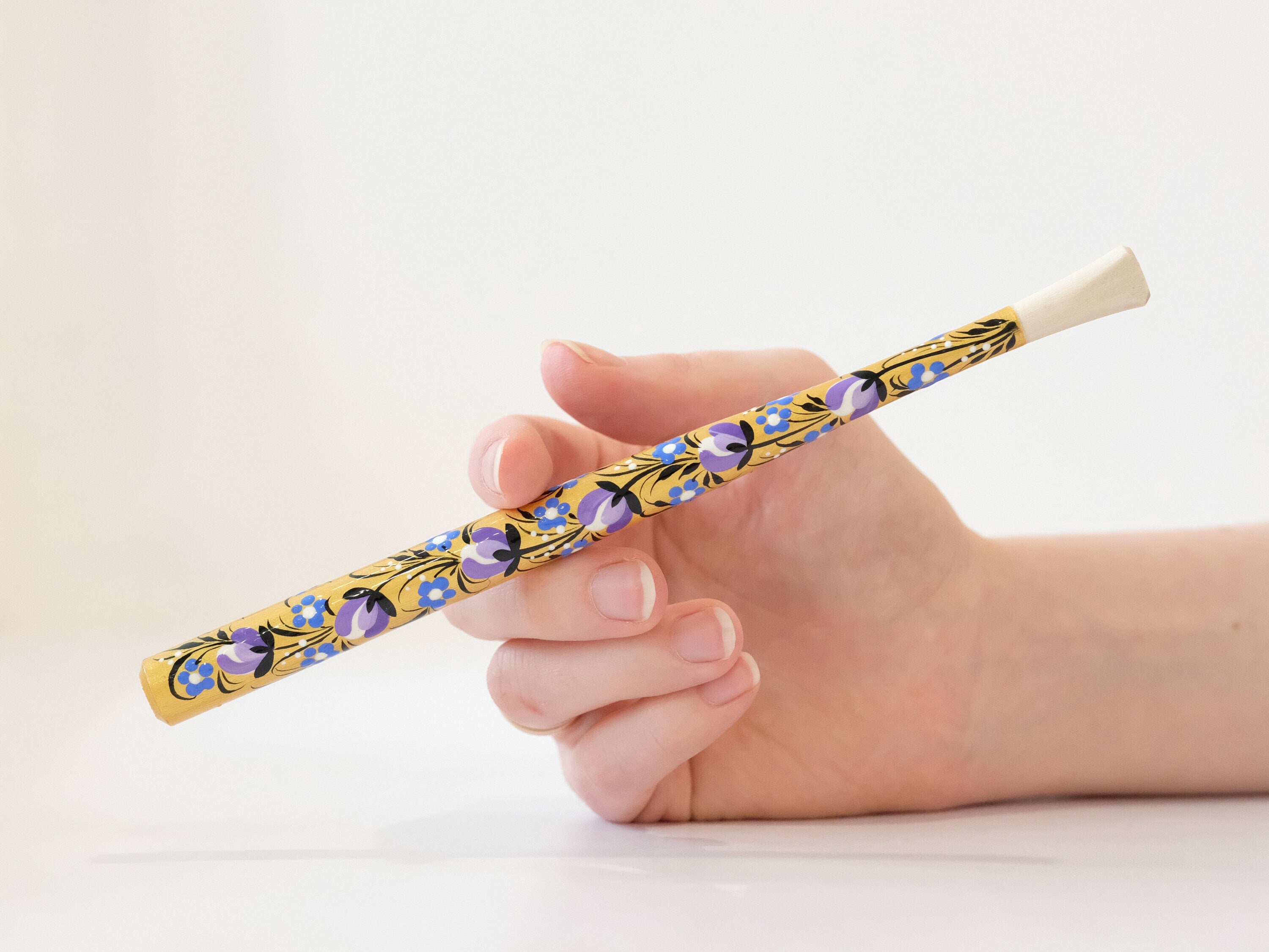 Long Wooden Regular Cigarette Holder - Hand-painted with Ukrainian Folk Art Petrykivka - Purple Flowers