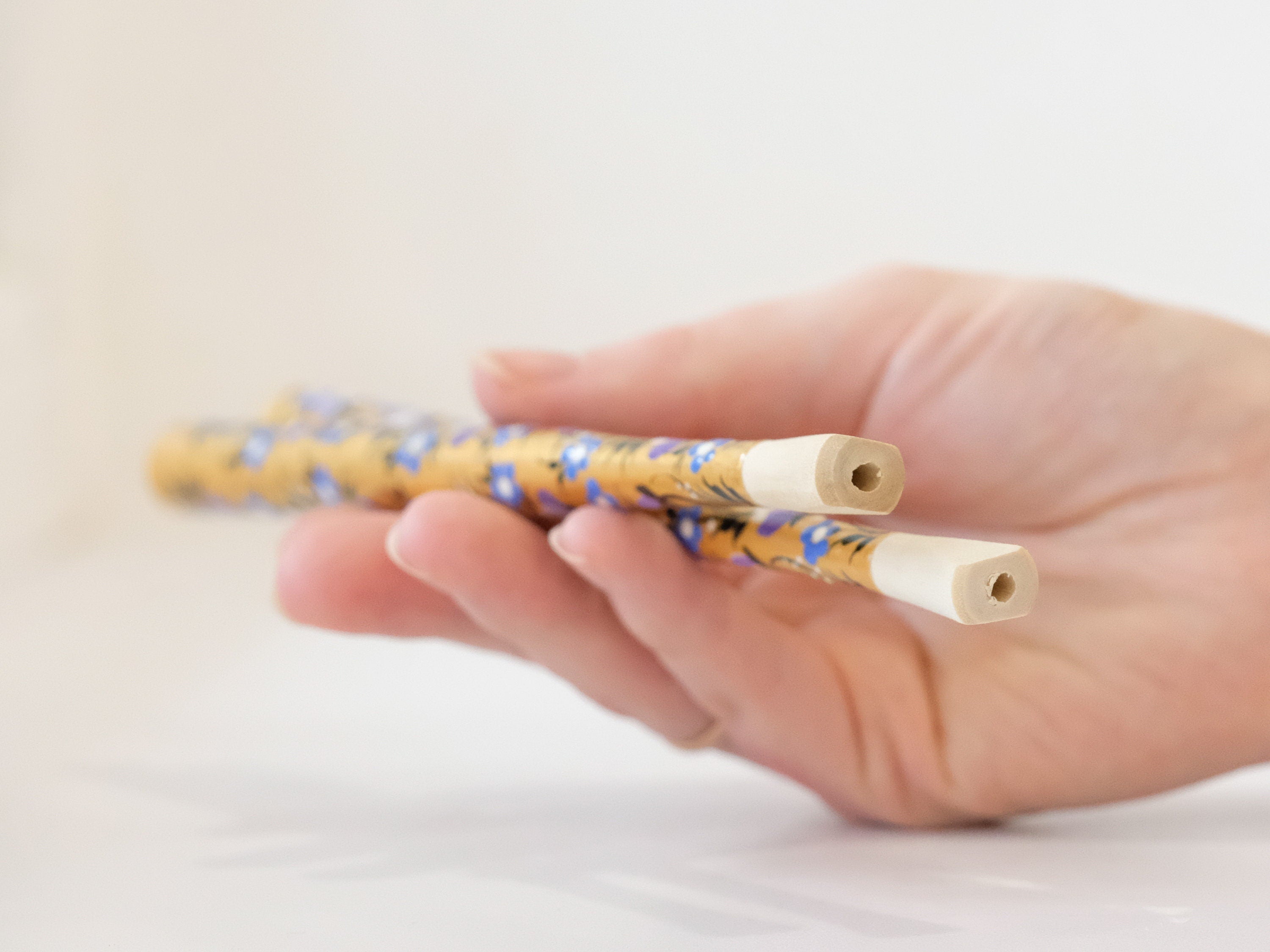Long Wooden Regular Cigarette Holder - Hand-painted with Ukrainian Folk Art Petrykivka - Purple Flowers