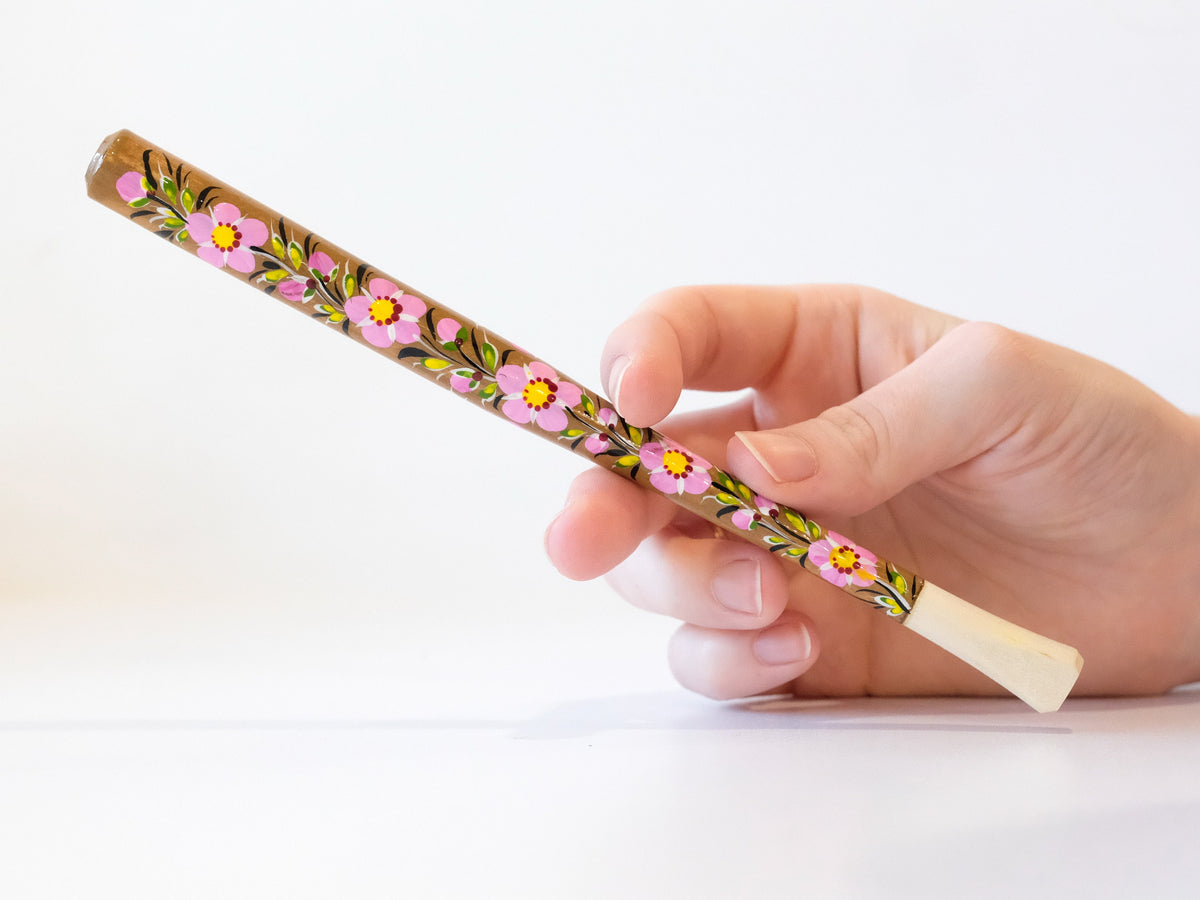 Wooden Regular Cherry Blossom cigarette holder painted with Ukrainian Folk Art Petrykivka