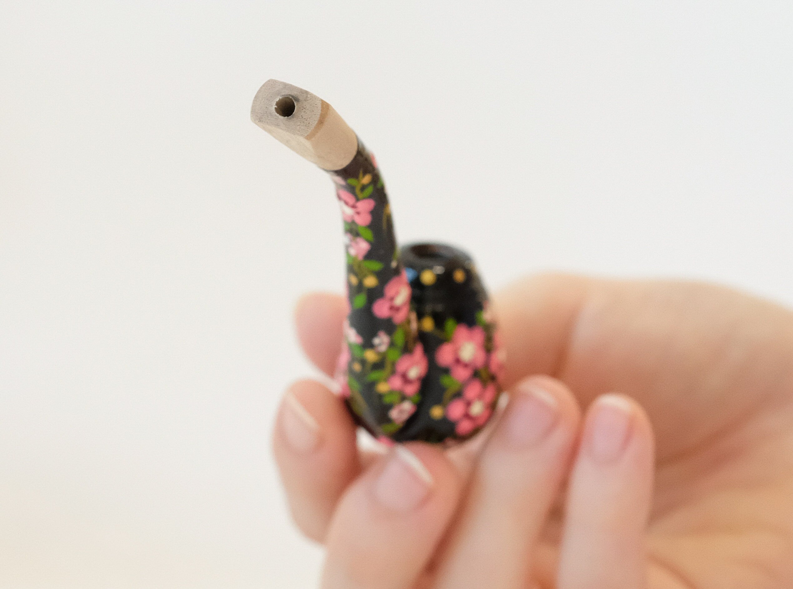 Regular Wooden Cigarette Holder - Painted Cherry Blossom Mini Pipe Cigarette Holder - Ukrainian Folk Art Petrykivka