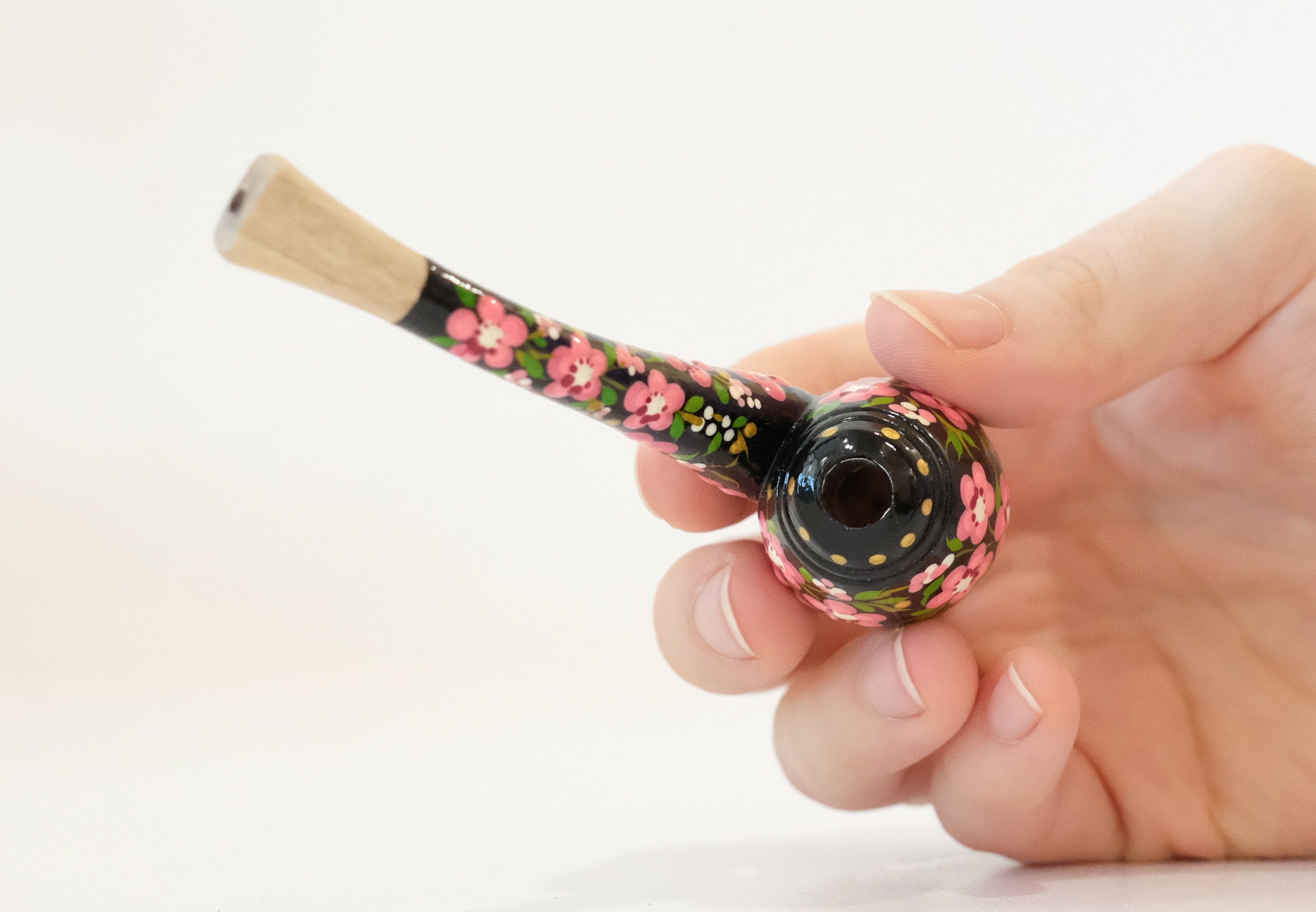 Regular Wooden Cigarette Holder - Painted Cherry Blossom Mini Pipe Cigarette Holder - Ukrainian Folk Art Petrykivka