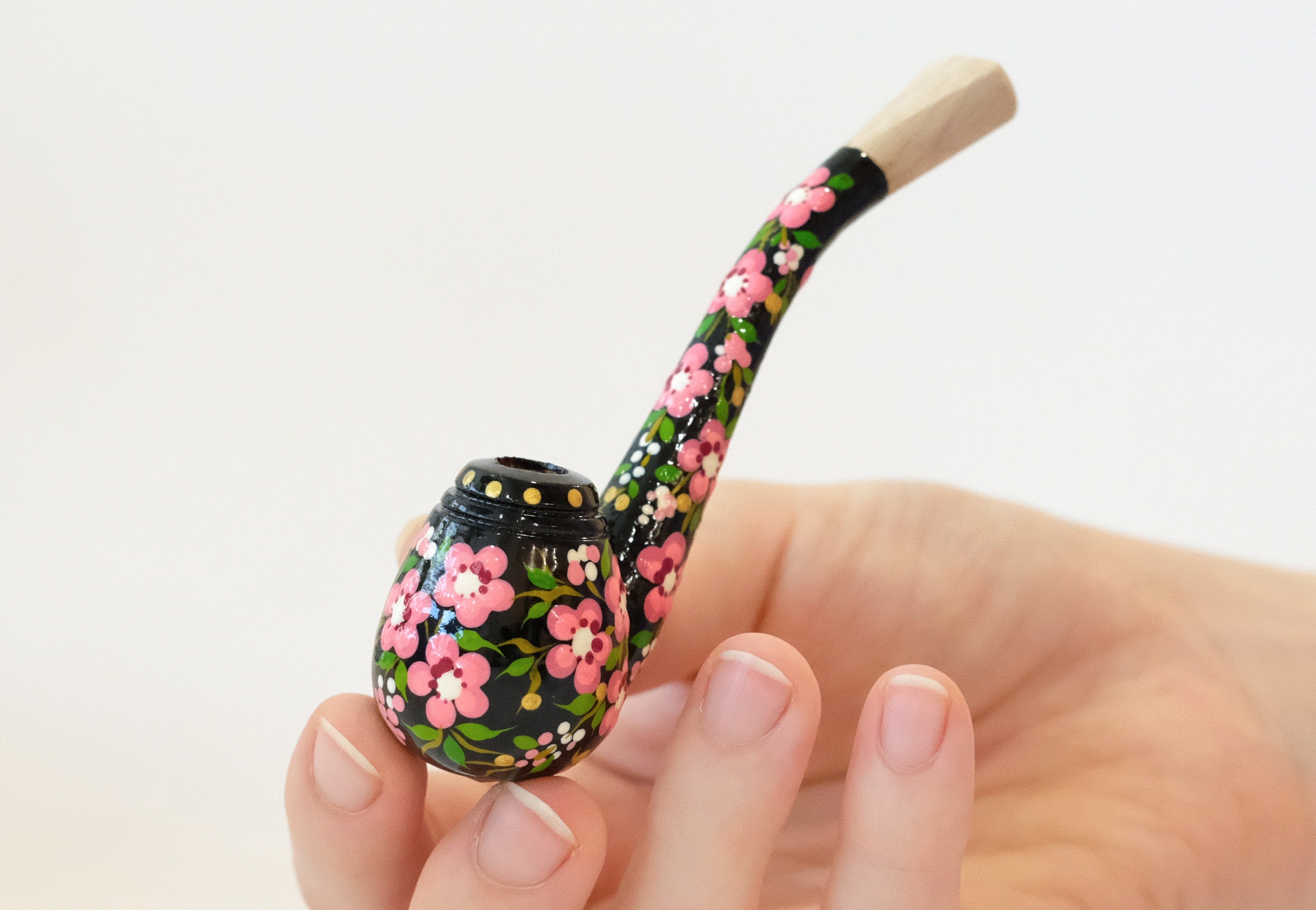 Regular Wooden Cigarette Holder - Painted Cherry Blossom Mini Pipe Cigarette Holder - Ukrainian Folk Art Petrykivka