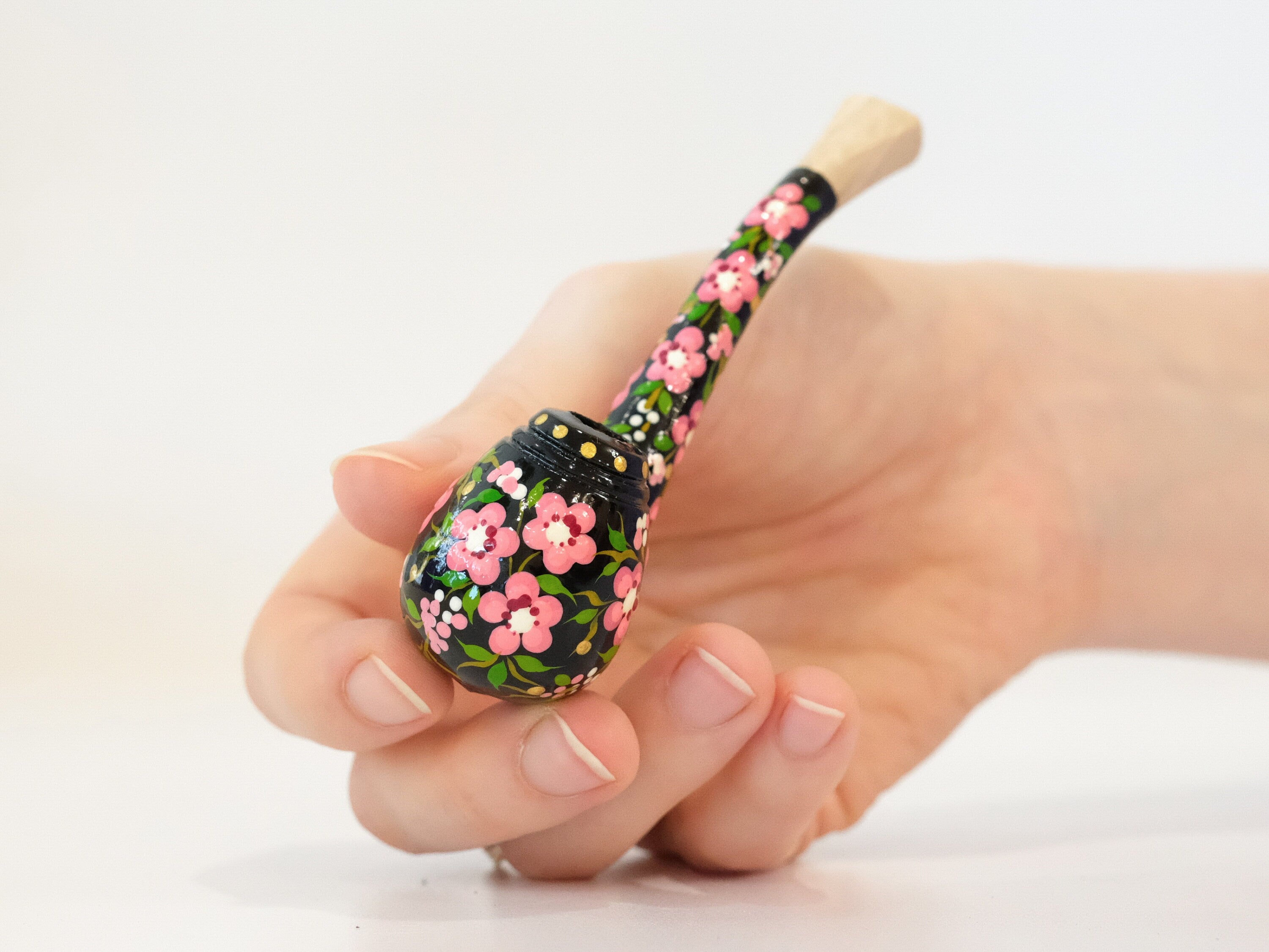 Regular Wooden Cigarette Holder - Painted Cherry Blossom Mini Pipe Cigarette Holder - Ukrainian Folk Art Petrykivka