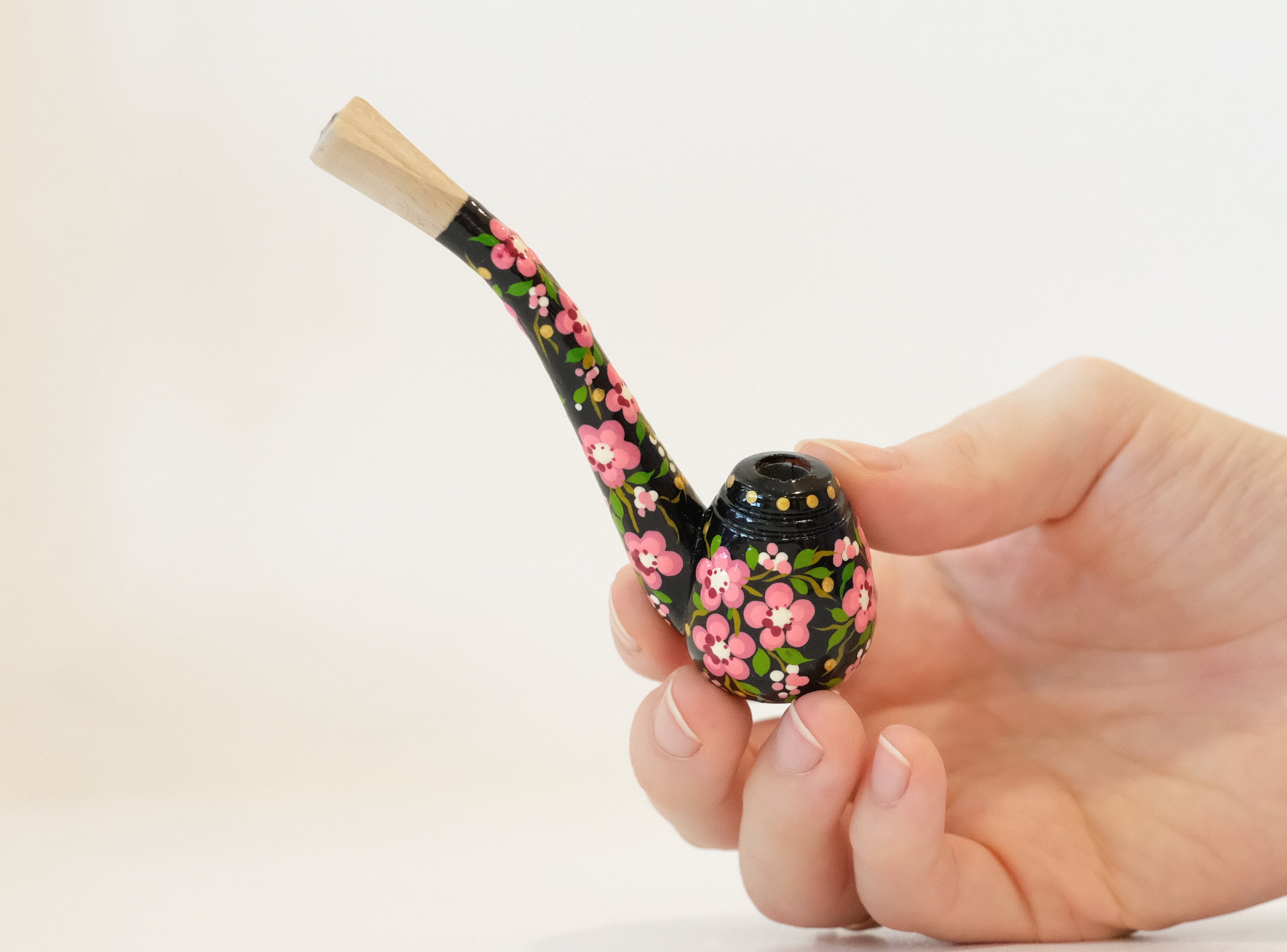 Regular Wooden Cigarette Holder - Painted Cherry Blossom Mini Pipe Cigarette Holder - Ukrainian Folk Art Petrykivka