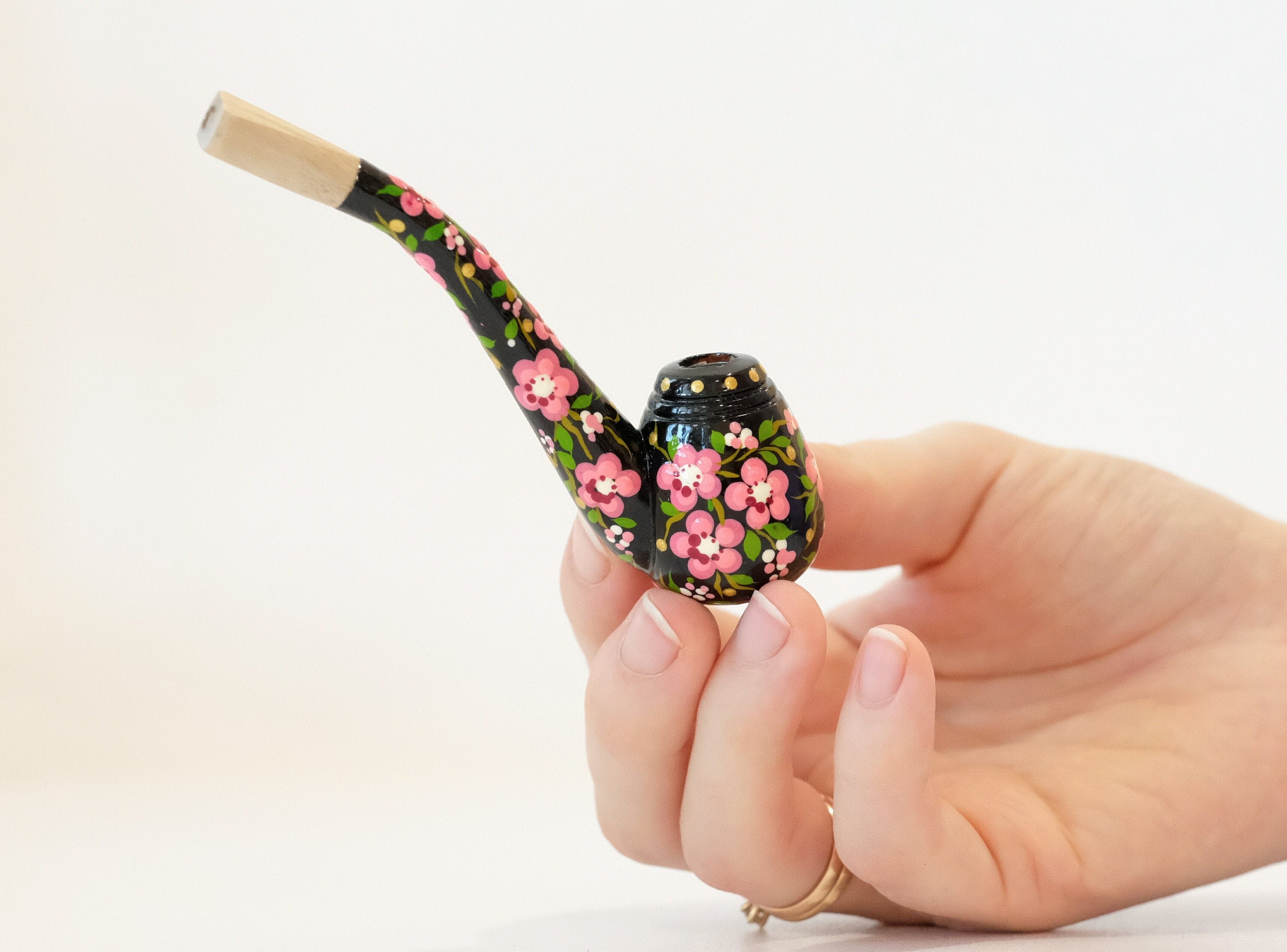 Regular Wooden Cigarette Holder - Painted Cherry Blossom Mini Pipe Cigarette Holder - Ukrainian Folk Art Petrykivka
