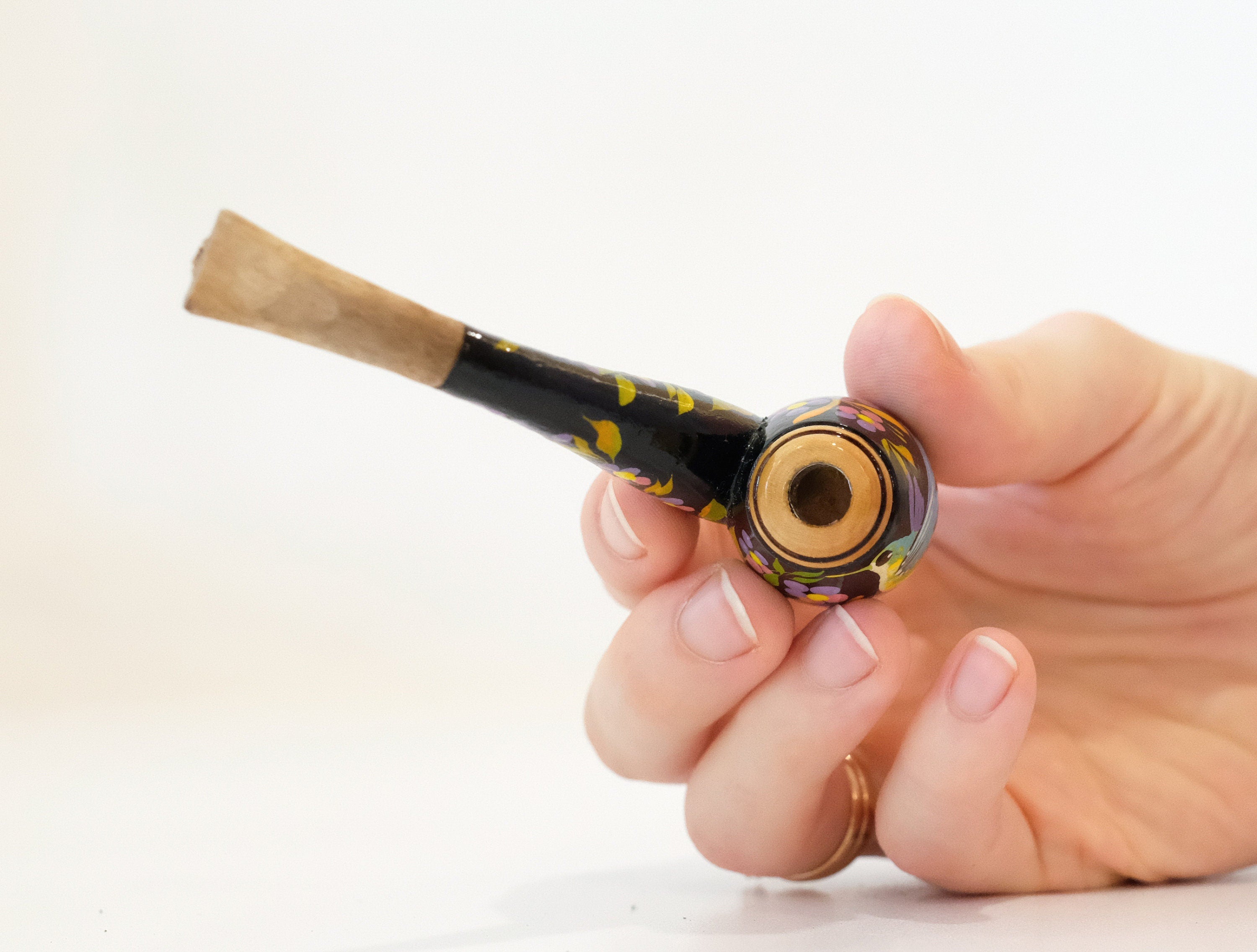 Regular Hummingbird Cigarette Holder - Painted Wooden Mini Pipe Cigarette Holder with Ukrainian Folk Art Petrykivka