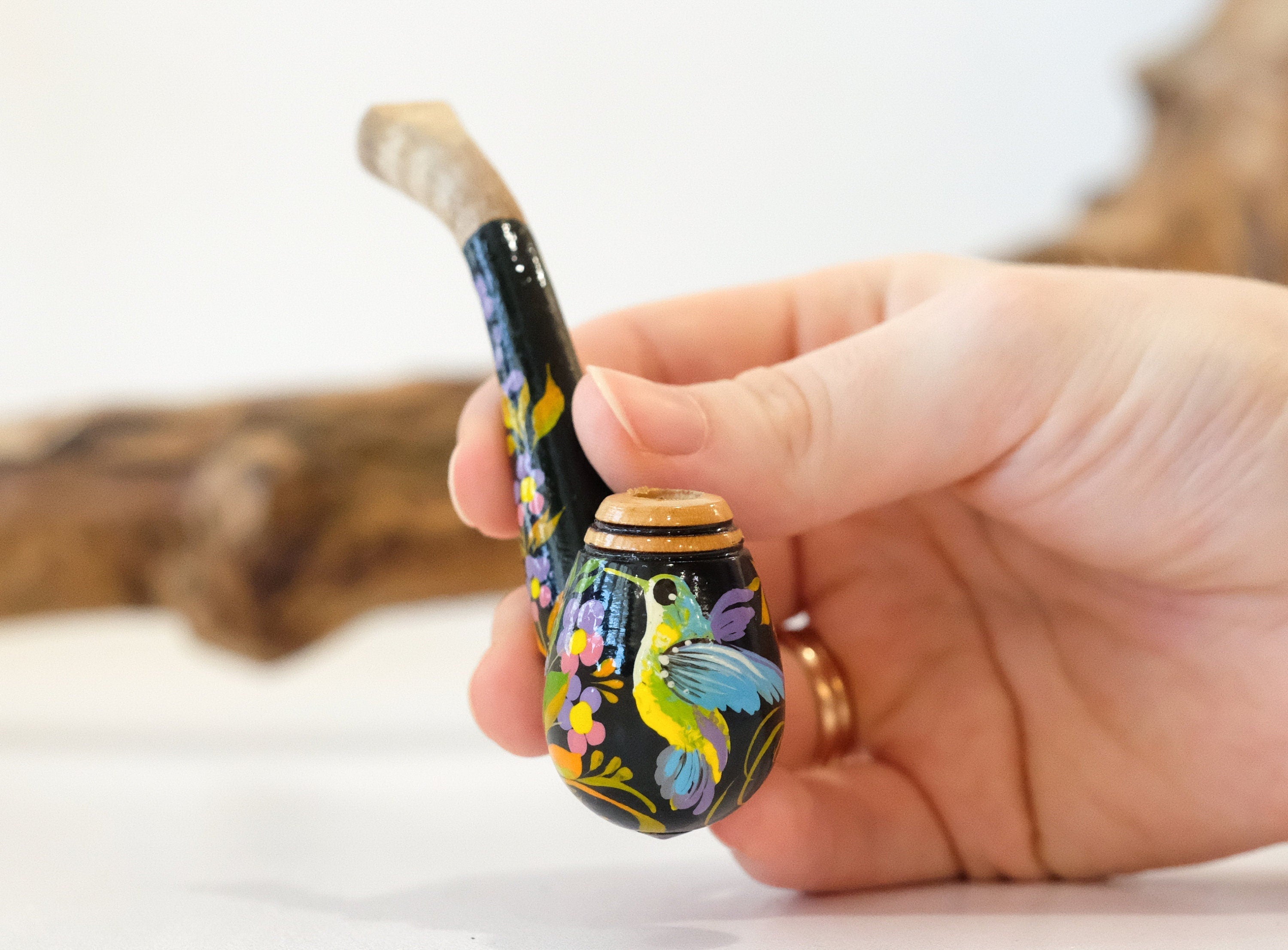 Regular Hummingbird Cigarette Holder - Painted Wooden Mini Pipe Cigarette Holder with Ukrainian Folk Art Petrykivka
