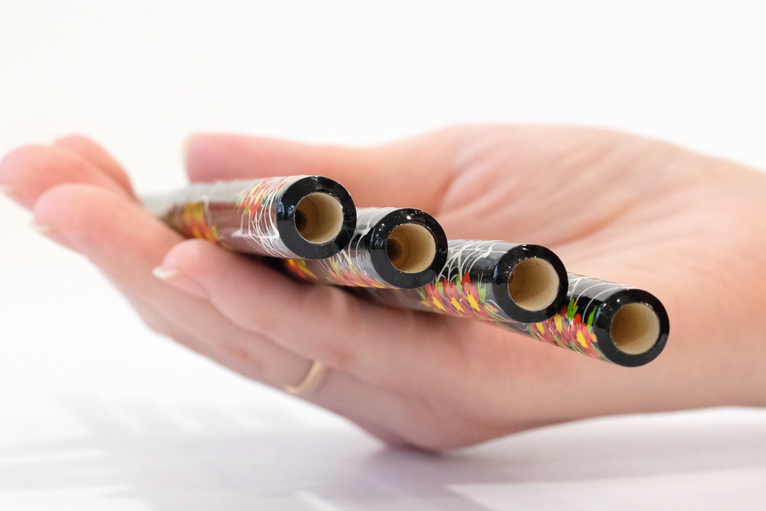 Wooden Regular Cigarette Holder - Hand-painted with Ukrainian Folk Art Petrykivka - Spider Web & Red Flowers