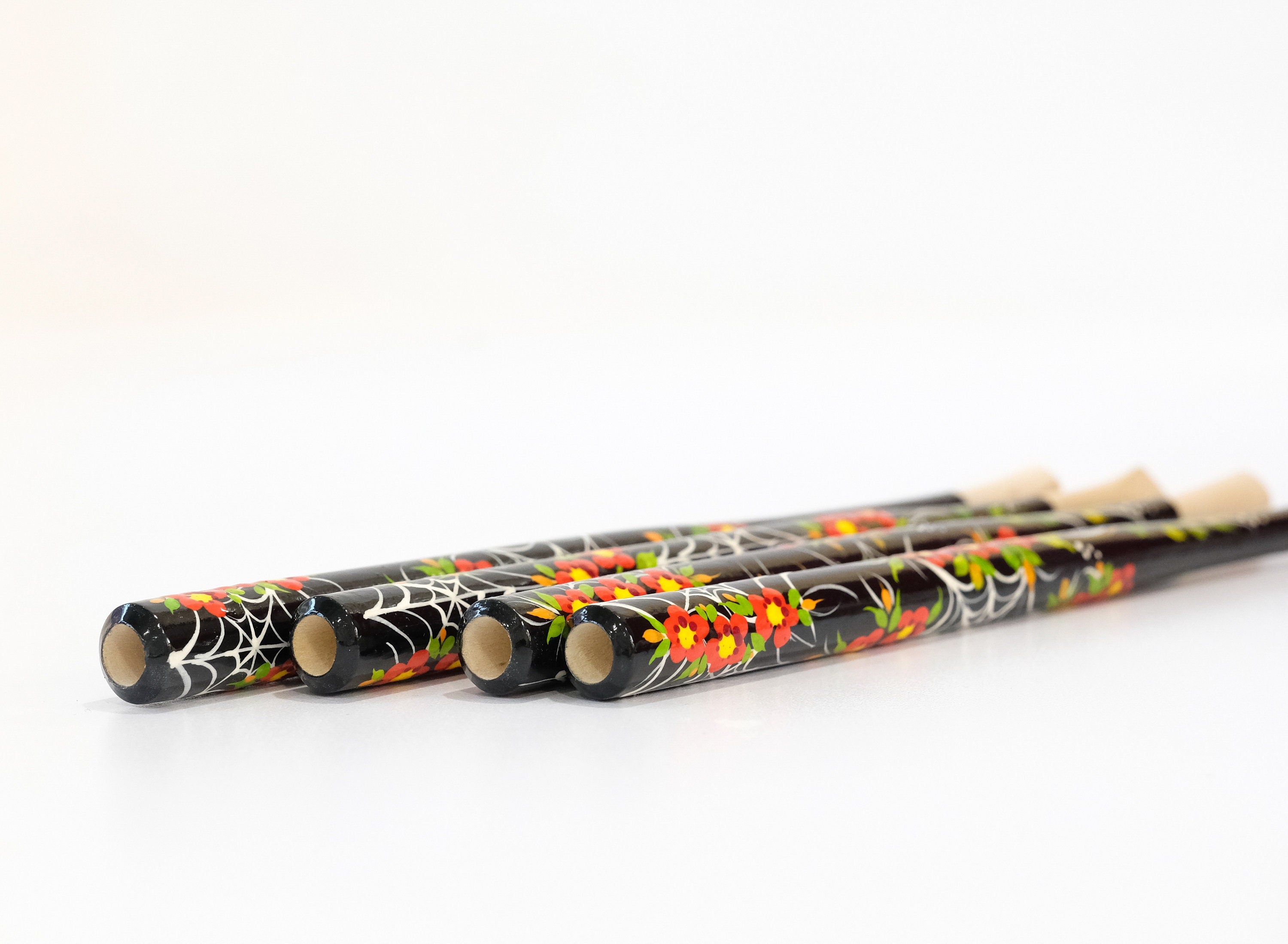 Wooden Regular Cigarette Holder - Hand-painted with Ukrainian Folk Art Petrykivka - Spider Web & Red Flowers