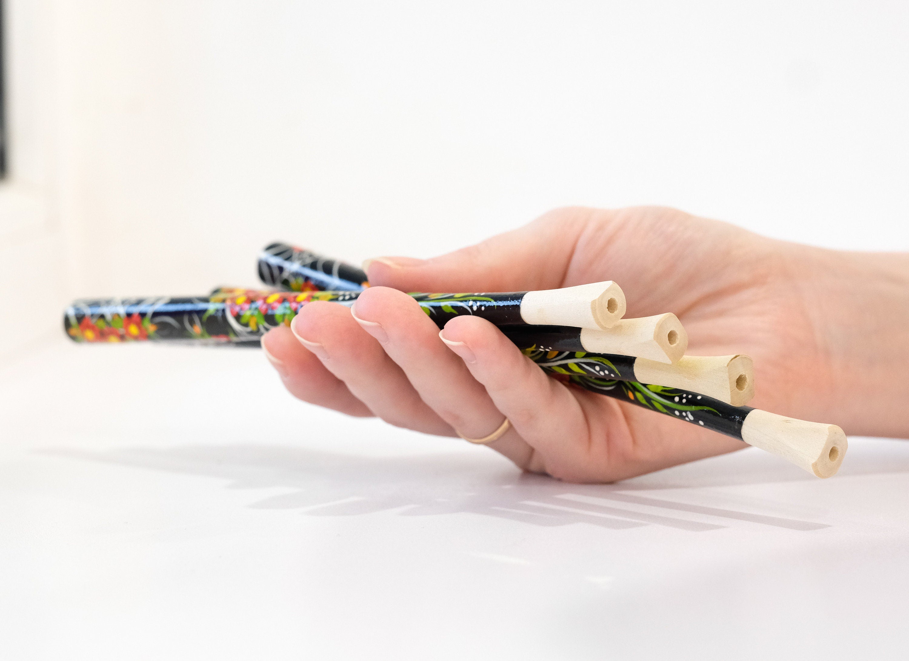 Wooden Regular Cigarette Holder - Hand-painted with Ukrainian Folk Art Petrykivka - Spider Web & Red Flowers