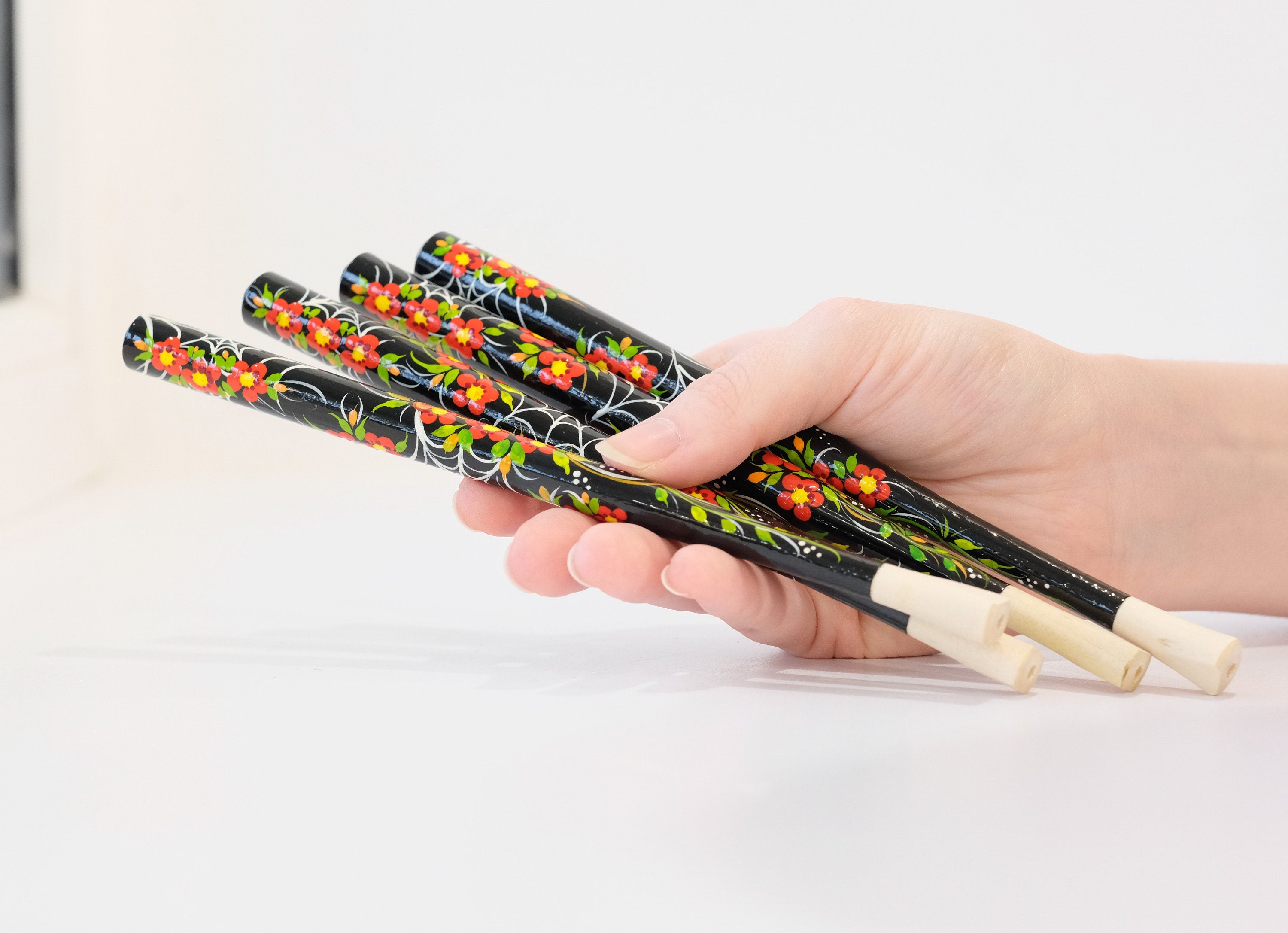 Wooden Regular Cigarette Holder - Hand-painted with Ukrainian Folk Art Petrykivka - Spider Web & Red Flowers