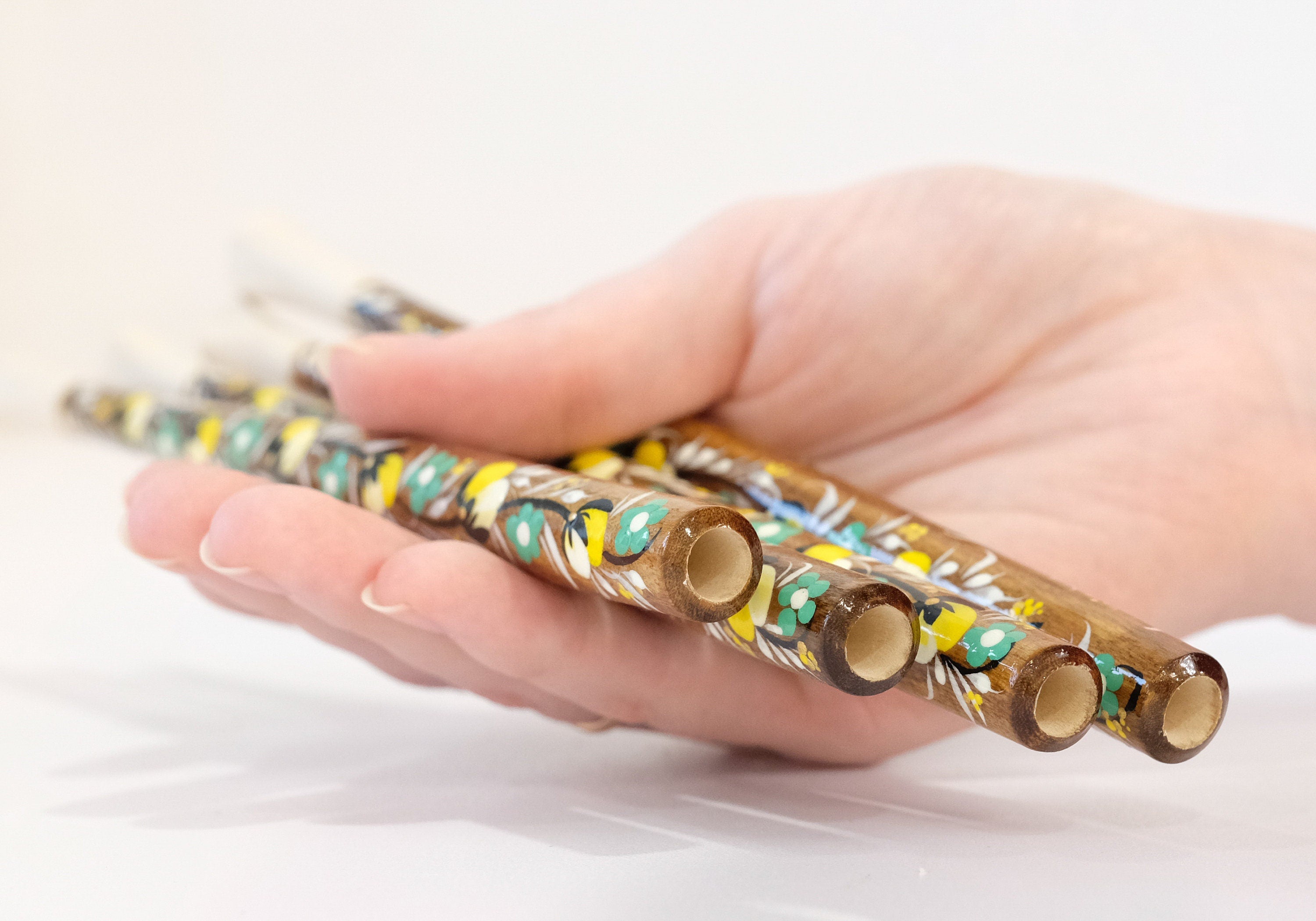 Long Wooden Regular Cigarette Holder - Hand-painted with Ukrainian Folk Art Petrykivka - Yellow Flowers
