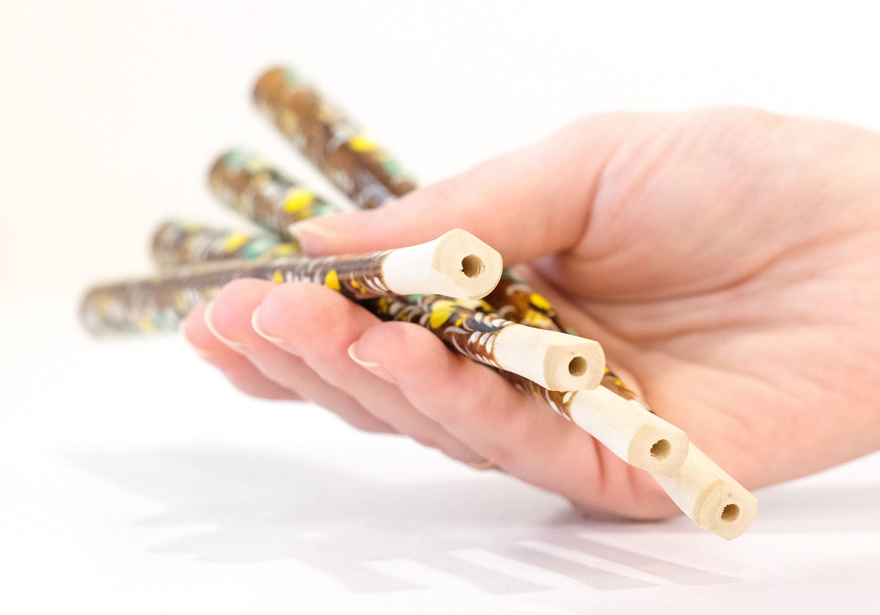 Long Wooden Regular Cigarette Holder - Hand-painted with Ukrainian Folk Art Petrykivka - Yellow Flowers