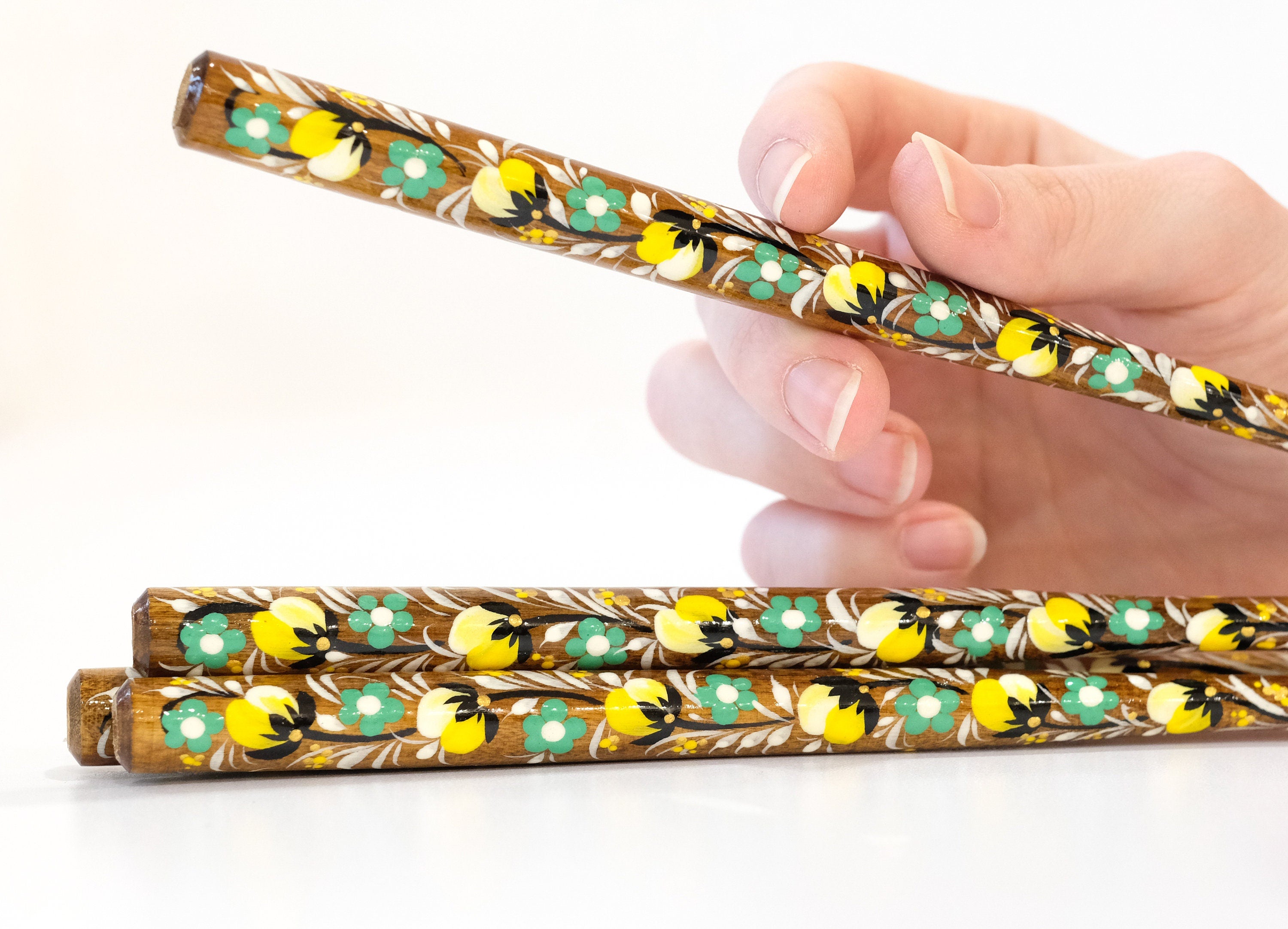 Long Wooden Regular Cigarette Holder - Hand-painted with Ukrainian Folk Art Petrykivka - Yellow Flowers