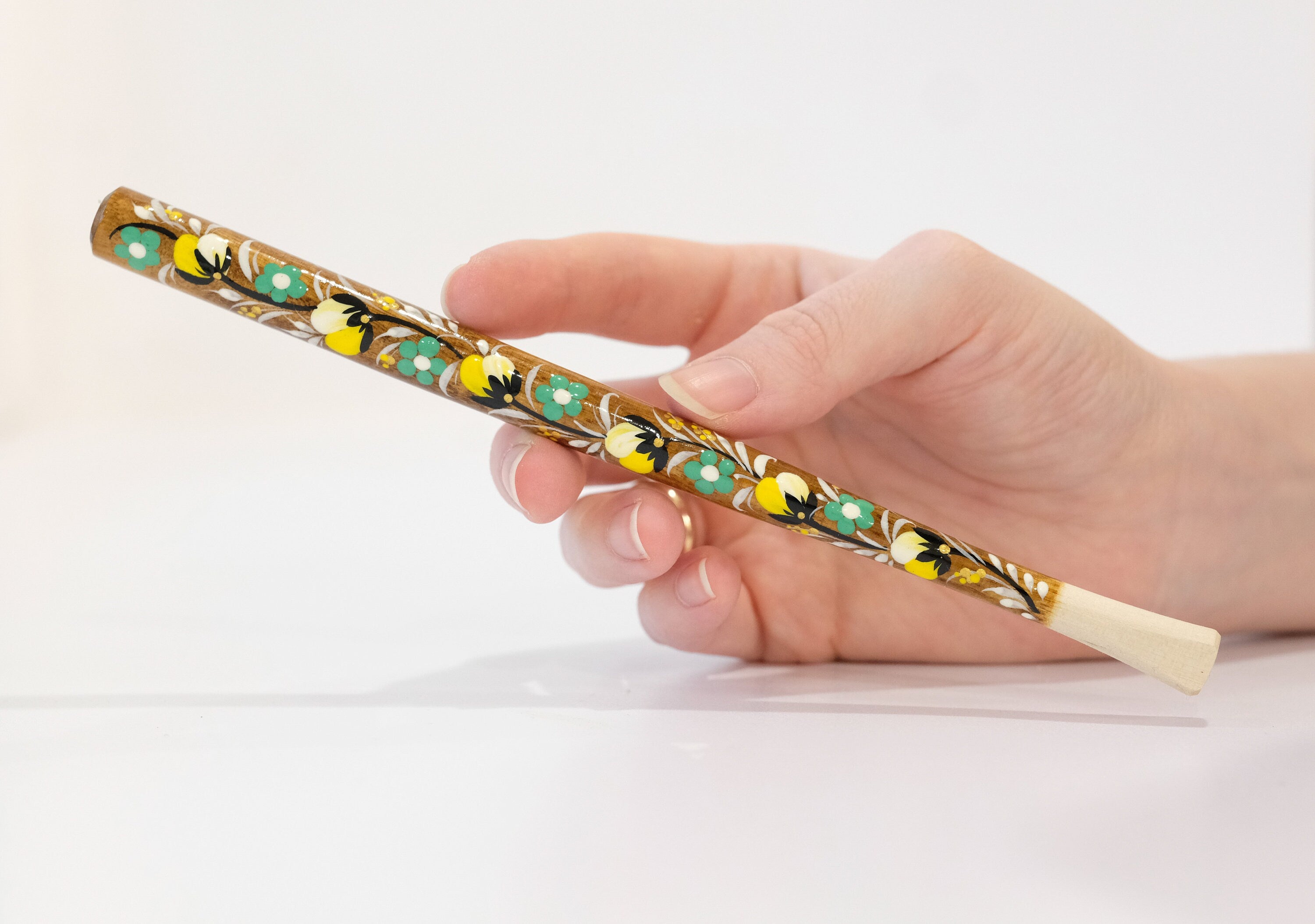 Long Wooden Regular Cigarette Holder - Hand-painted with Ukrainian Folk Art Petrykivka - Yellow Flowers