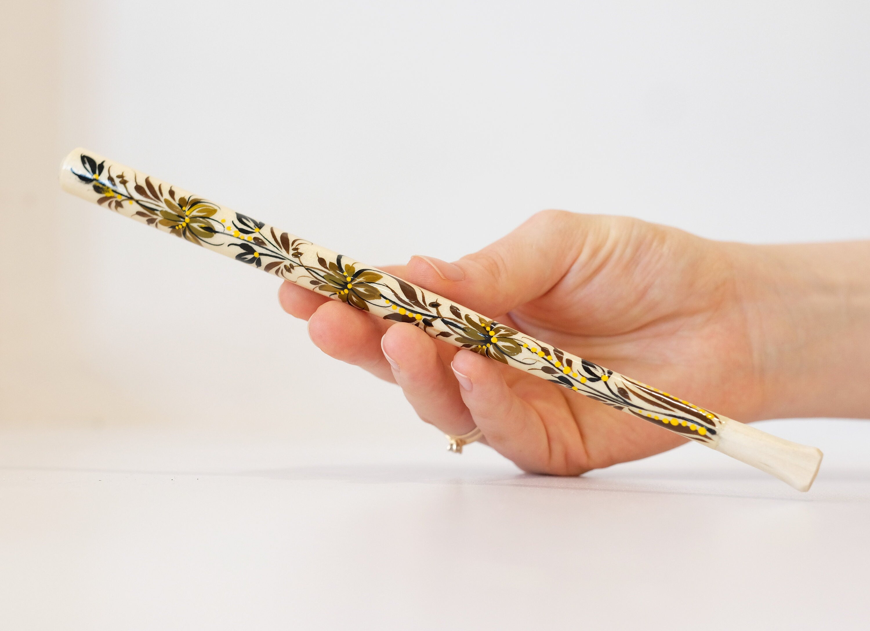 Extra long Wooden Regular Cigarette Holder - Hand-painted with Ukrainian Folk Art Petrykivka - Brown Flowers