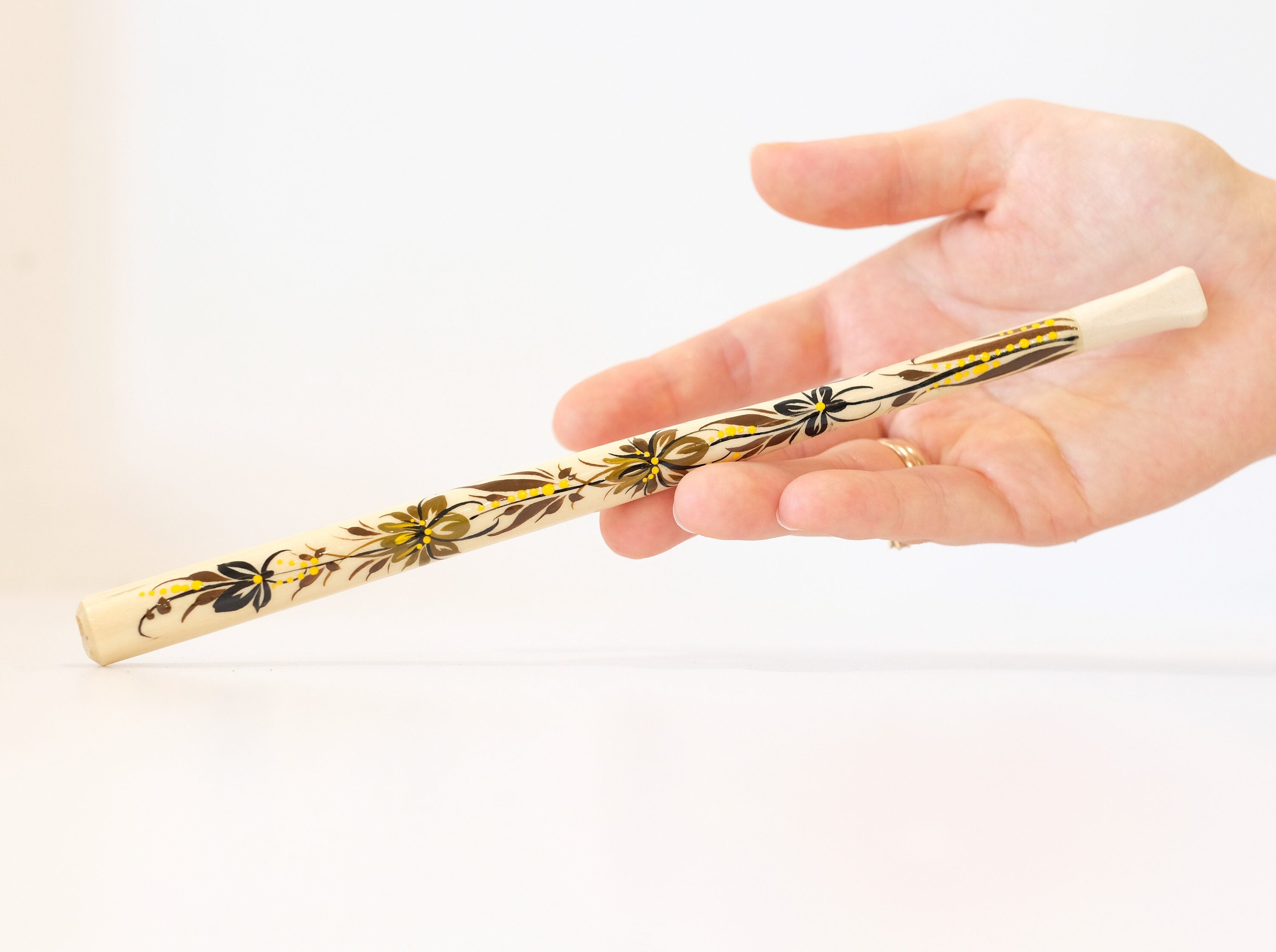 Extra long Wooden Regular Cigarette Holder - Hand-painted with Ukrainian Folk Art Petrykivka - Brown Flowers