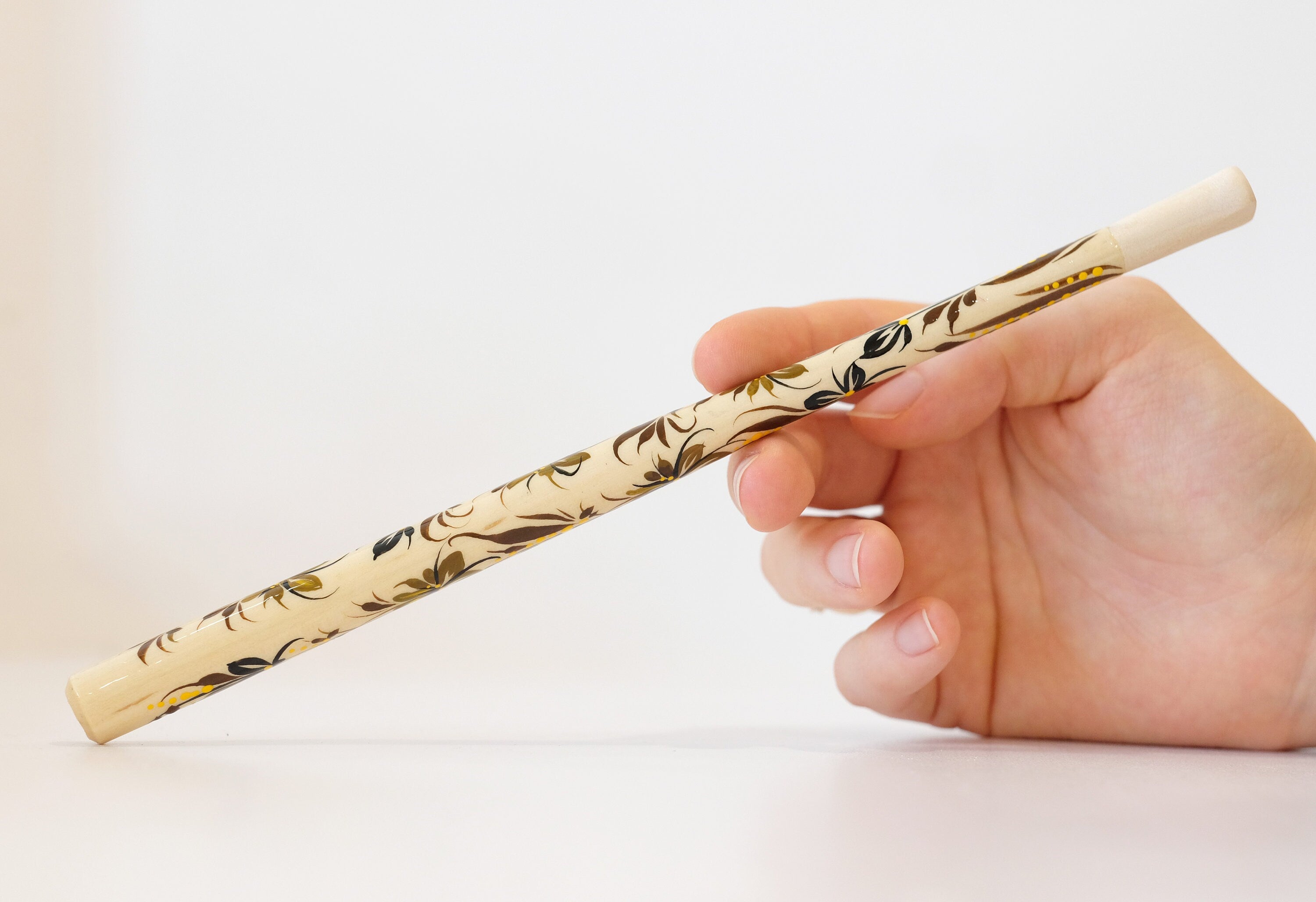 Extra long Wooden Regular Cigarette Holder - Hand-painted with Ukrainian Folk Art Petrykivka - Brown Flowers