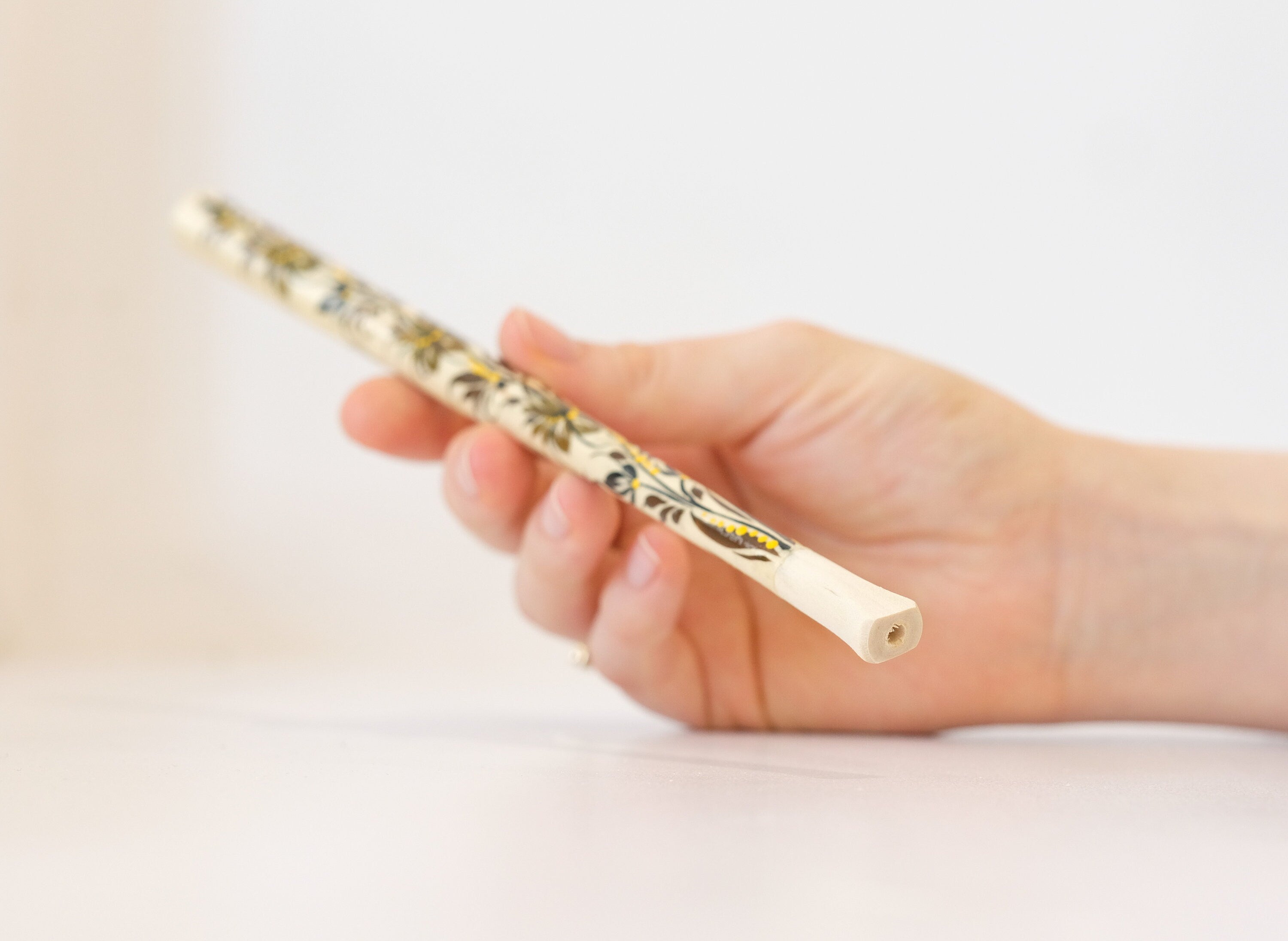 Extra long Wooden Regular Cigarette Holder - Hand-painted with Ukrainian Folk Art Petrykivka - Brown Flowers