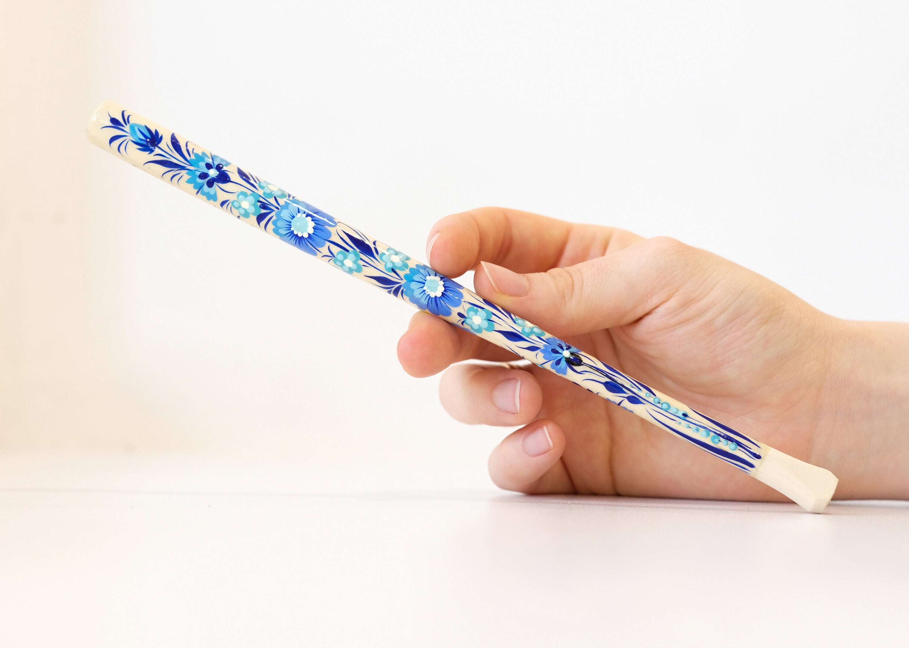 Extra long Wooden Regular Cigarette Holder - Hand-painted with Ukrainian Folk Art Petrykivka - Blue Flowers
