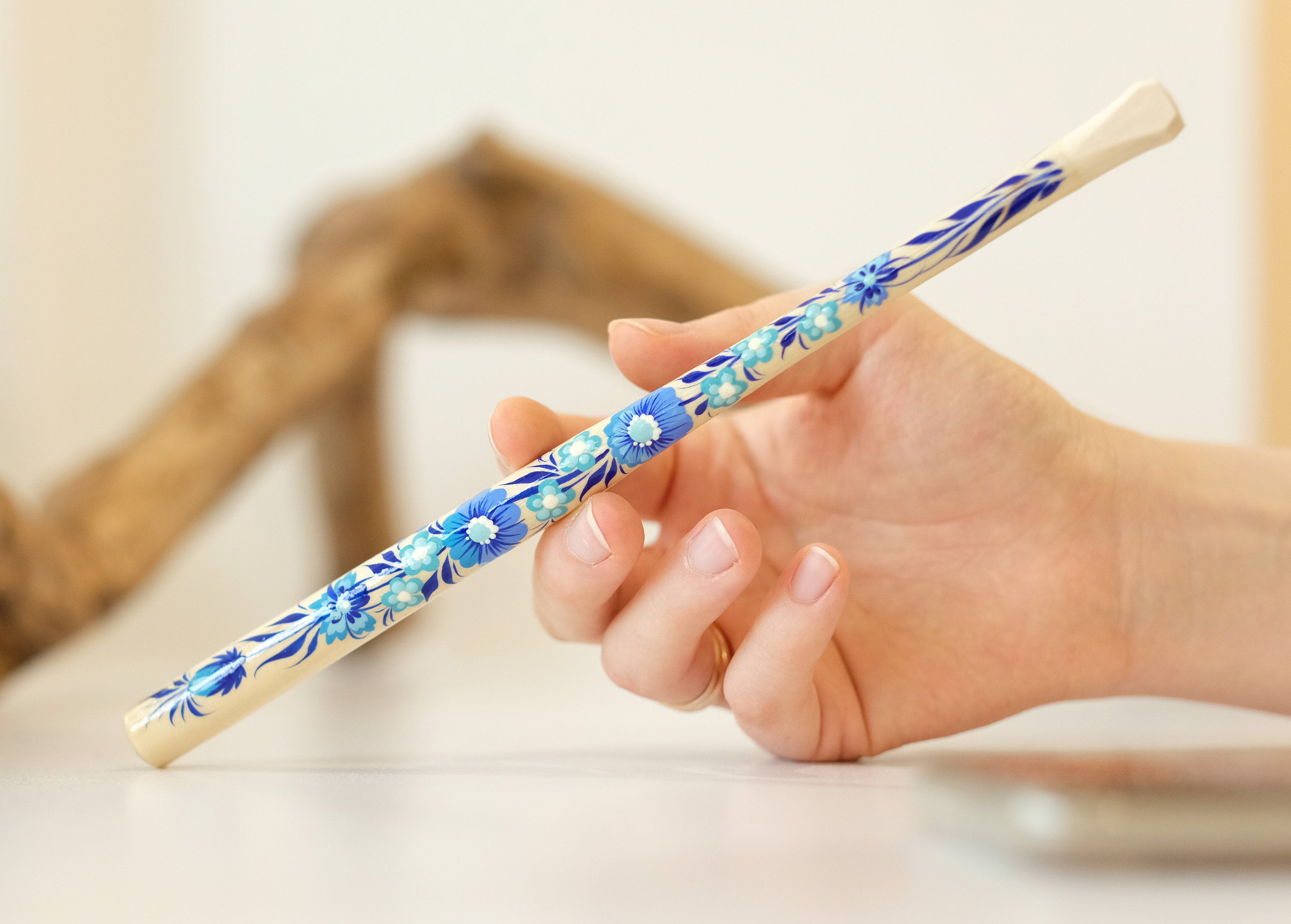 Extra long Wooden Regular Cigarette Holder - Hand-painted with Ukrainian Folk Art Petrykivka - Blue Flowers