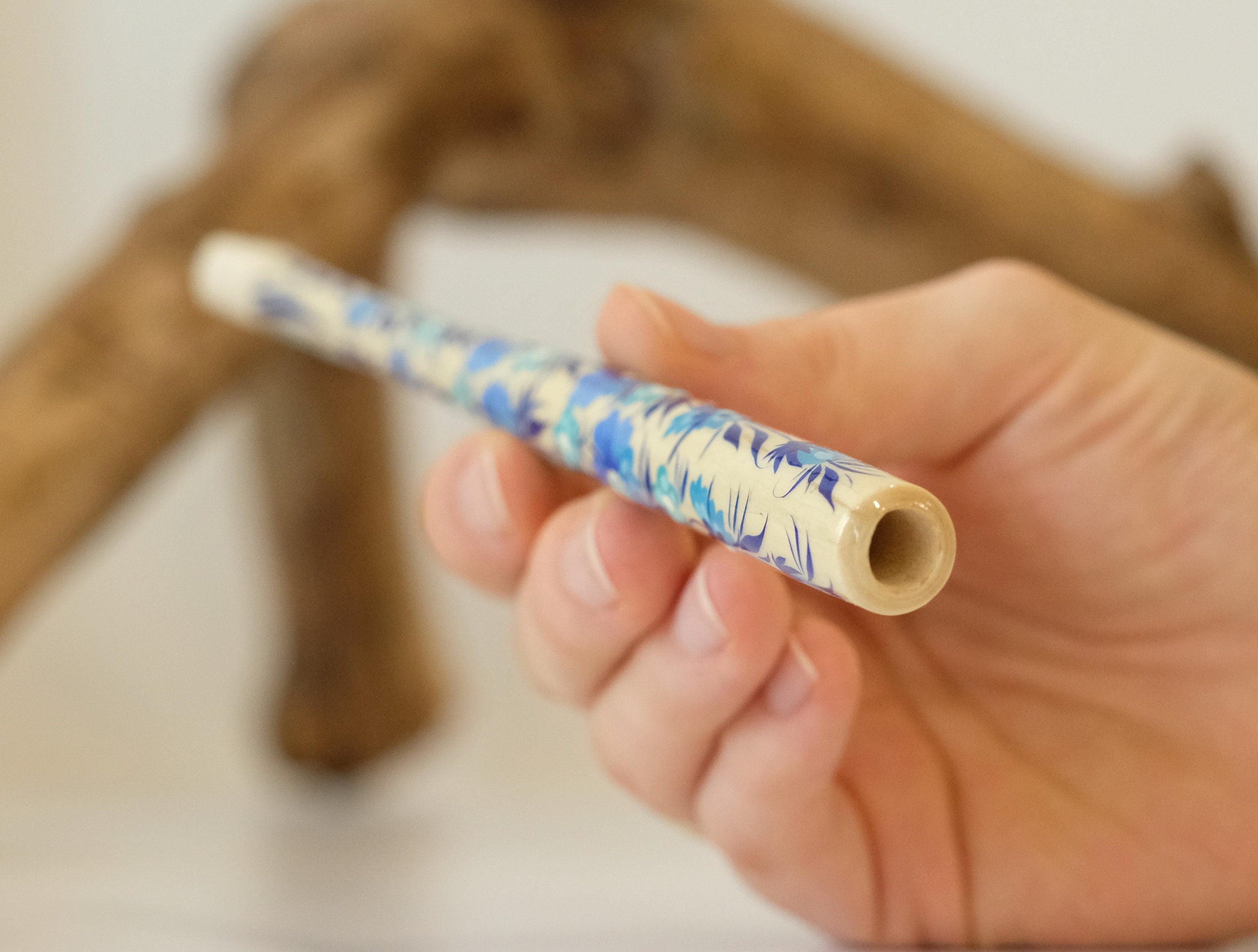 Extra long Wooden Regular Cigarette Holder - Hand-painted with Ukrainian Folk Art Petrykivka - Blue Flowers