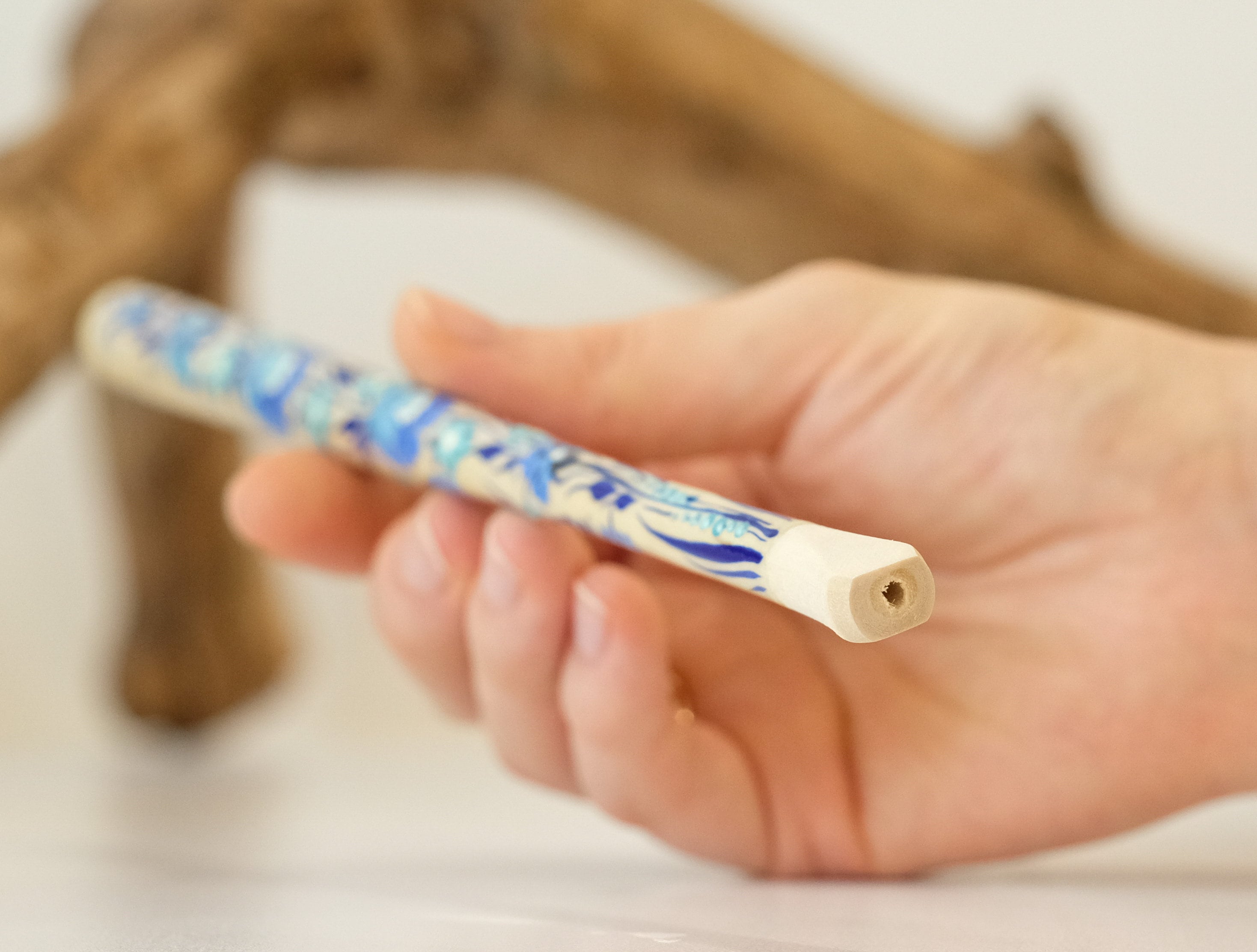 Extra long Wooden Regular Cigarette Holder - Hand-painted with Ukrainian Folk Art Petrykivka - Blue Flowers