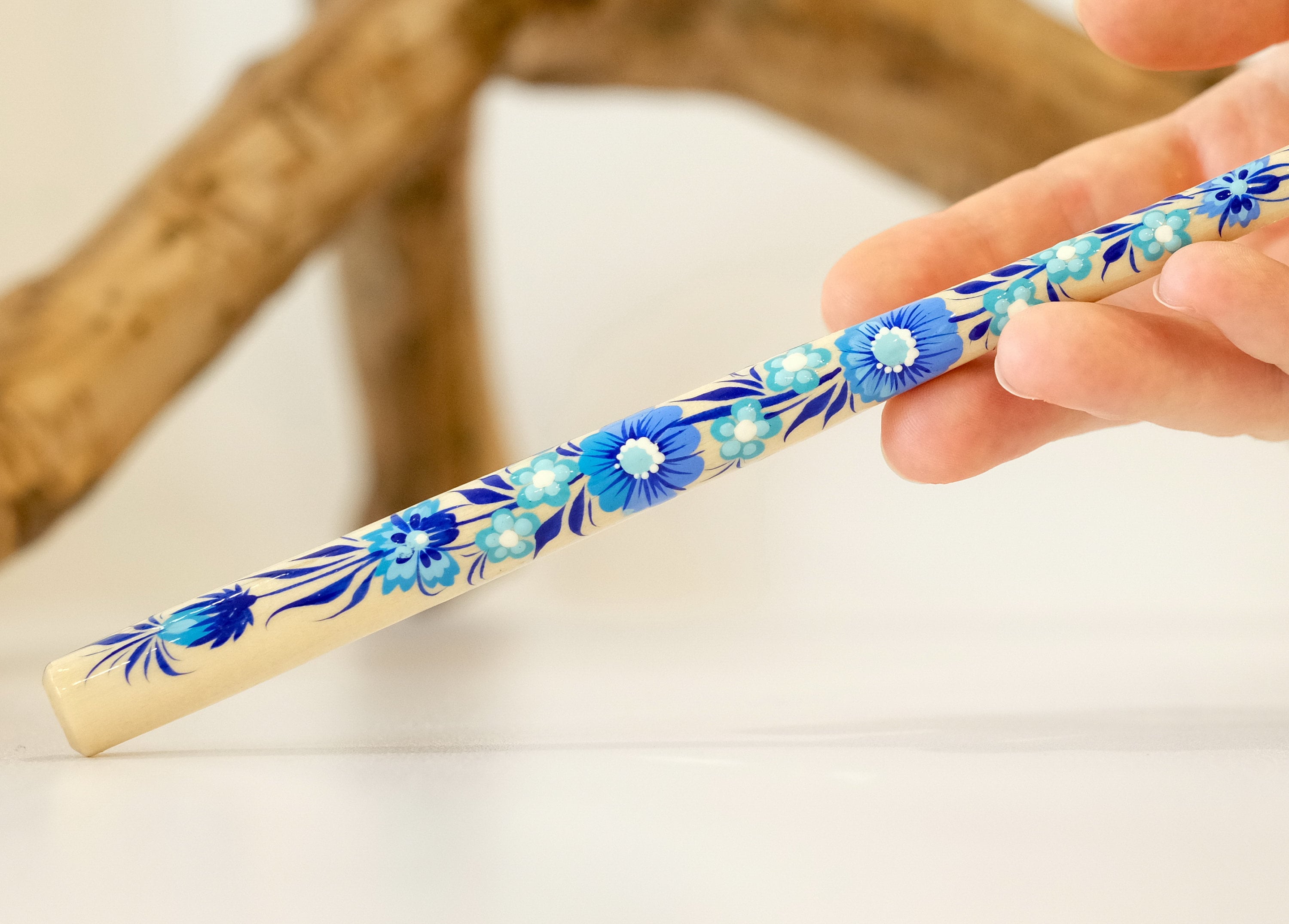 Extra long Wooden Regular Cigarette Holder - Hand-painted with Ukrainian Folk Art Petrykivka - Blue Flowers