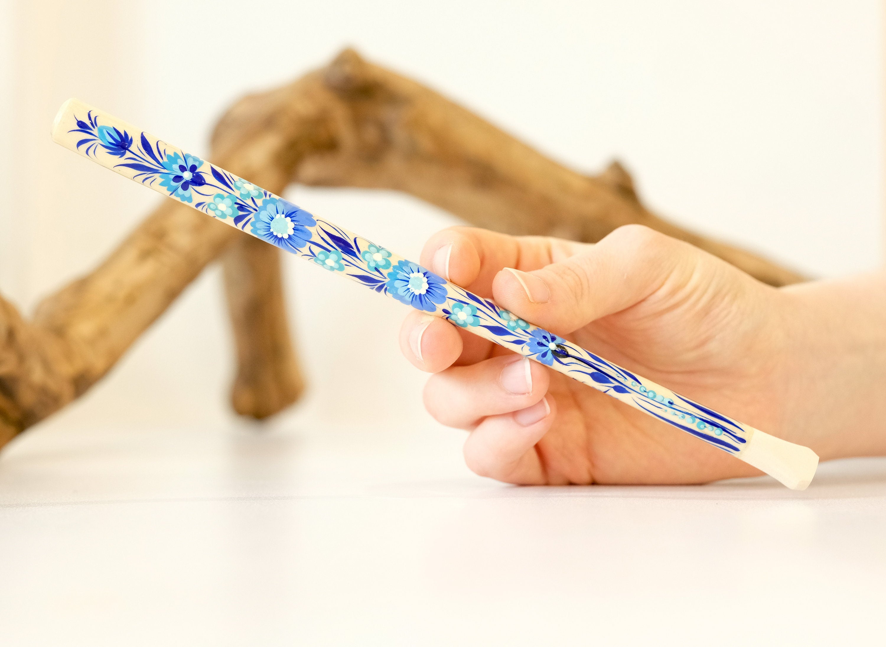 Extra long Wooden Regular Cigarette Holder - Hand-painted with Ukrainian Folk Art Petrykivka - Blue Flowers
