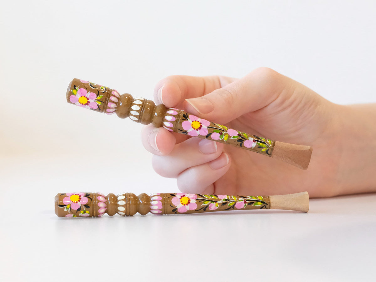 Wooden Regular Cherry Blossom cigarette holder painted with Ukrainian Folk Art Petrykivka