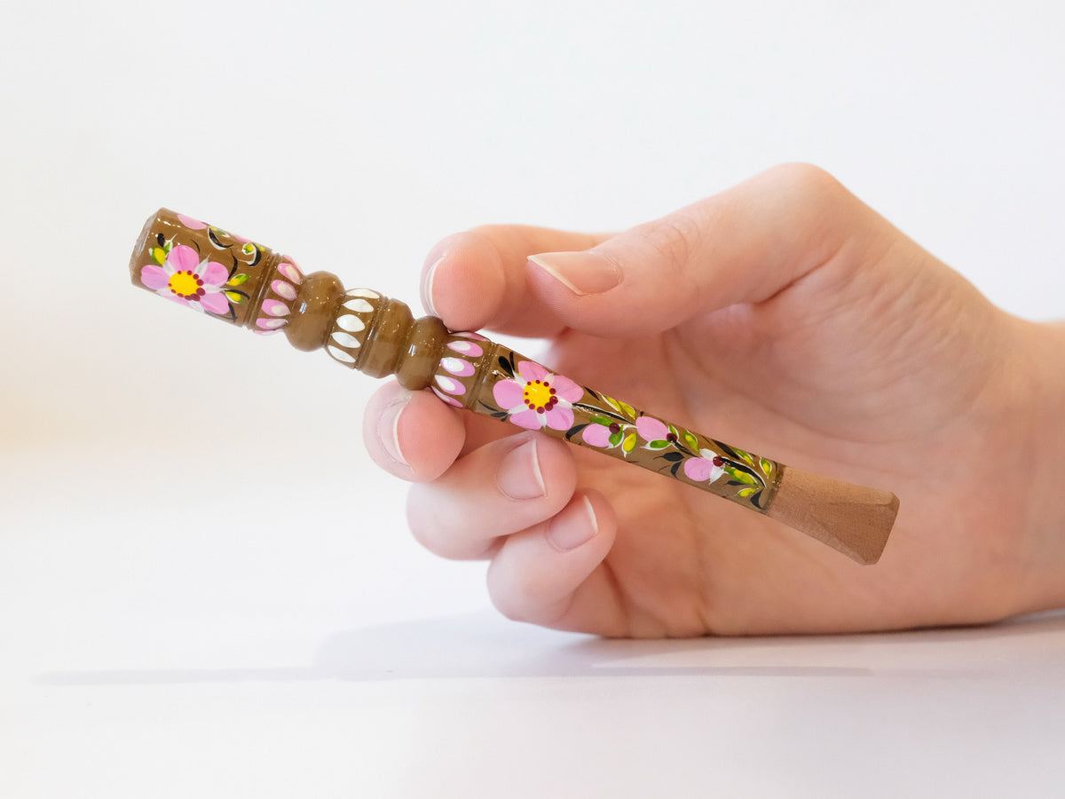 Wooden Regular Cherry Blossom cigarette holder painted with Ukrainian Folk Art Petrykivka