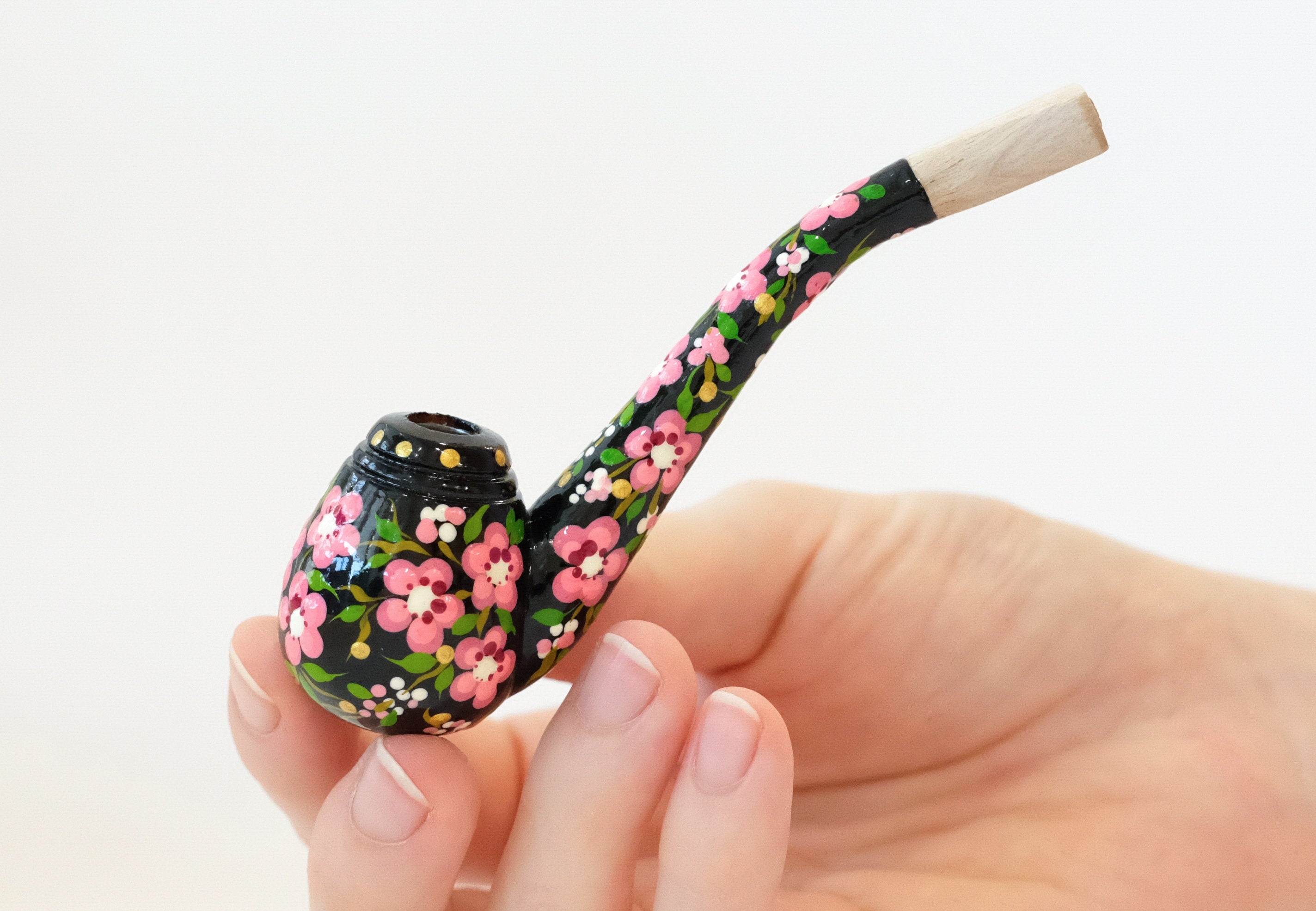 Regular Wooden Cigarette Holder - Painted Cherry Blossom Mini Pipe Cigarette Holder - Ukrainian Folk Art Petrykivka