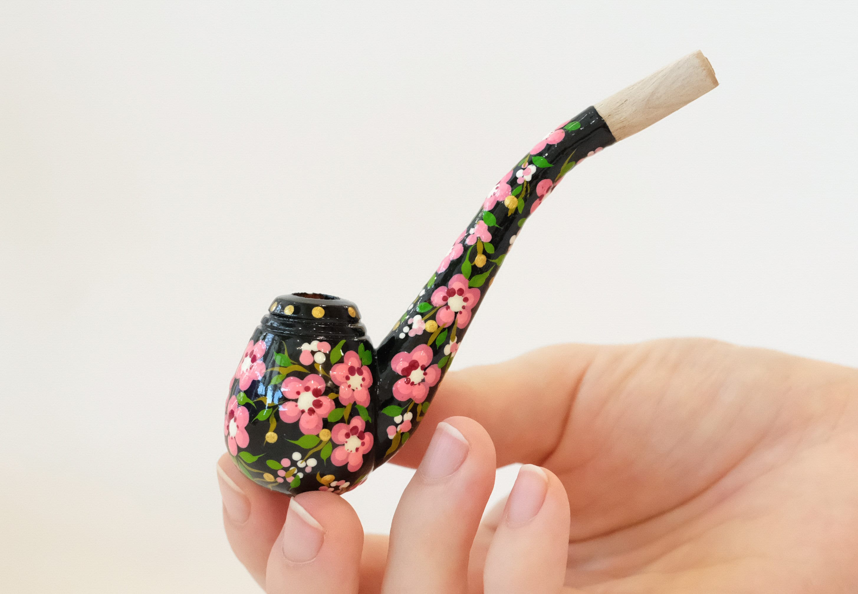 Regular Wooden Cigarette Holder - Painted Cherry Blossom Mini Pipe Cigarette Holder - Ukrainian Folk Art Petrykivka