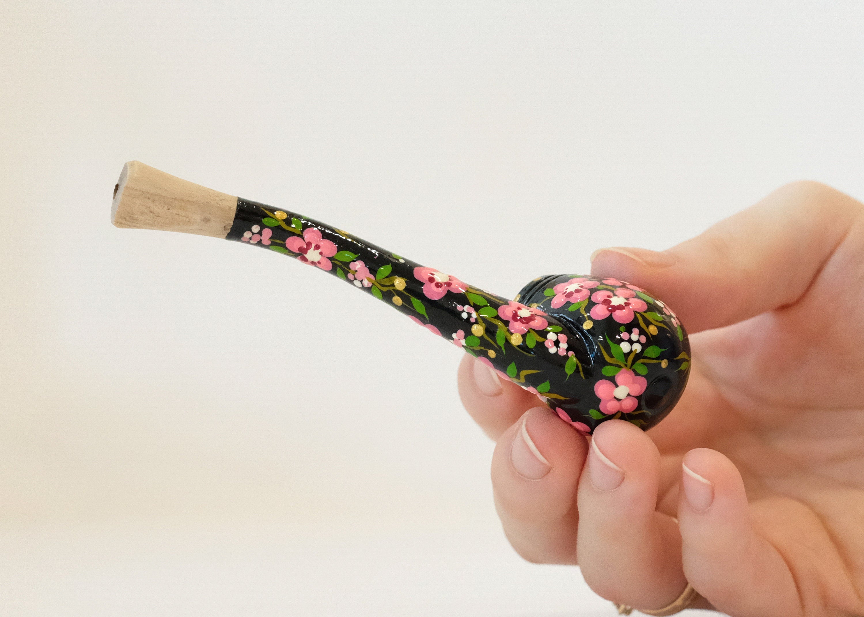Regular Wooden Cigarette Holder - Painted Cherry Blossom Mini Pipe Cigarette Holder - Ukrainian Folk Art Petrykivka