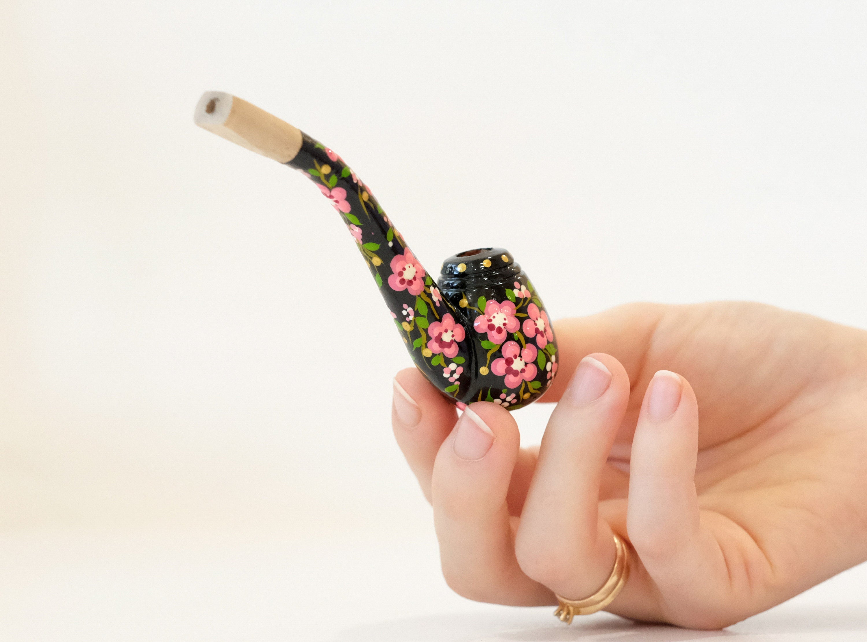 Regular Wooden Cigarette Holder - Painted Cherry Blossom Mini Pipe Cigarette Holder - Ukrainian Folk Art Petrykivka