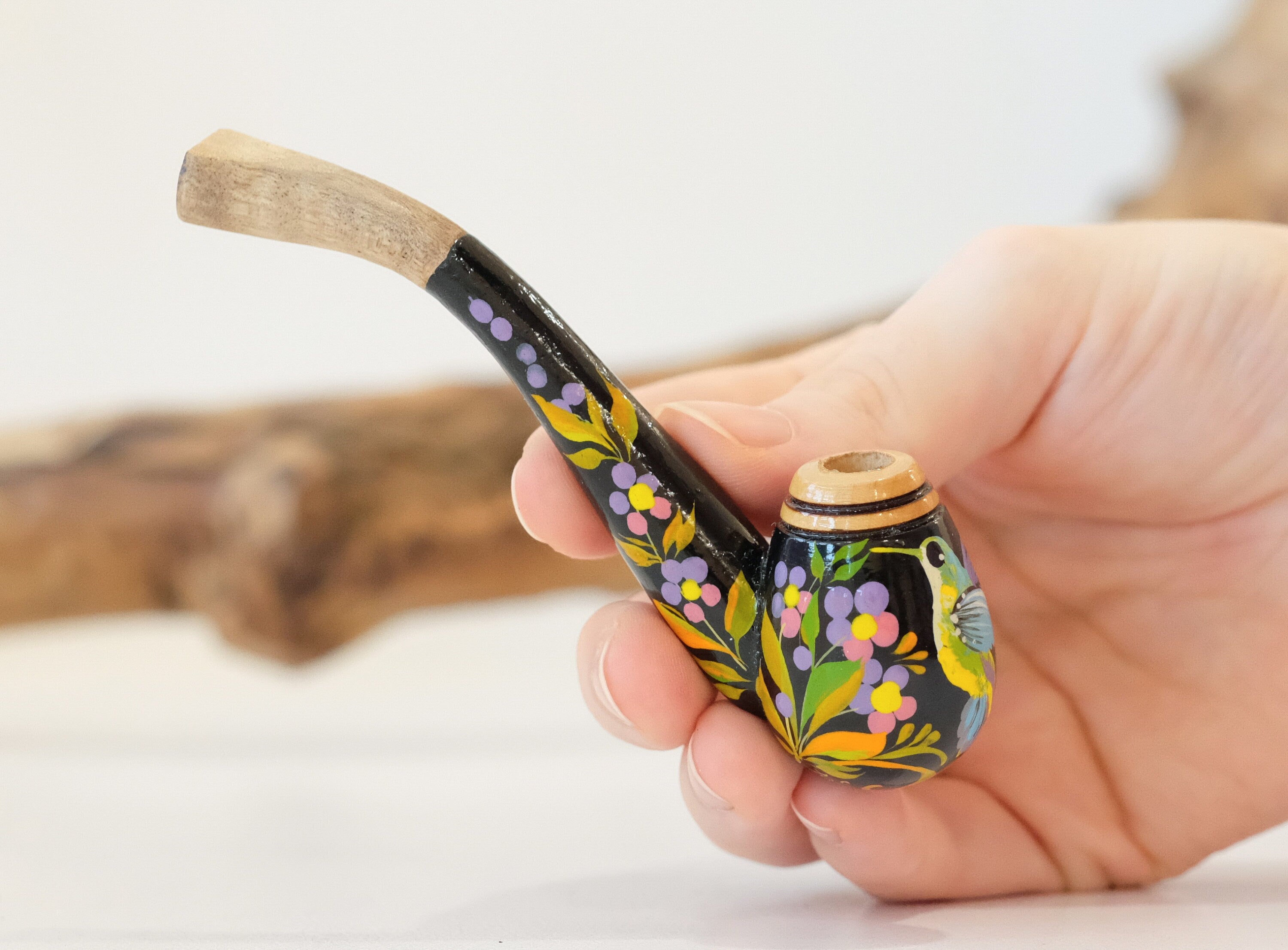 Regular Hummingbird Cigarette Holder - Painted Wooden Mini Pipe Cigarette Holder with Ukrainian Folk Art Petrykivka