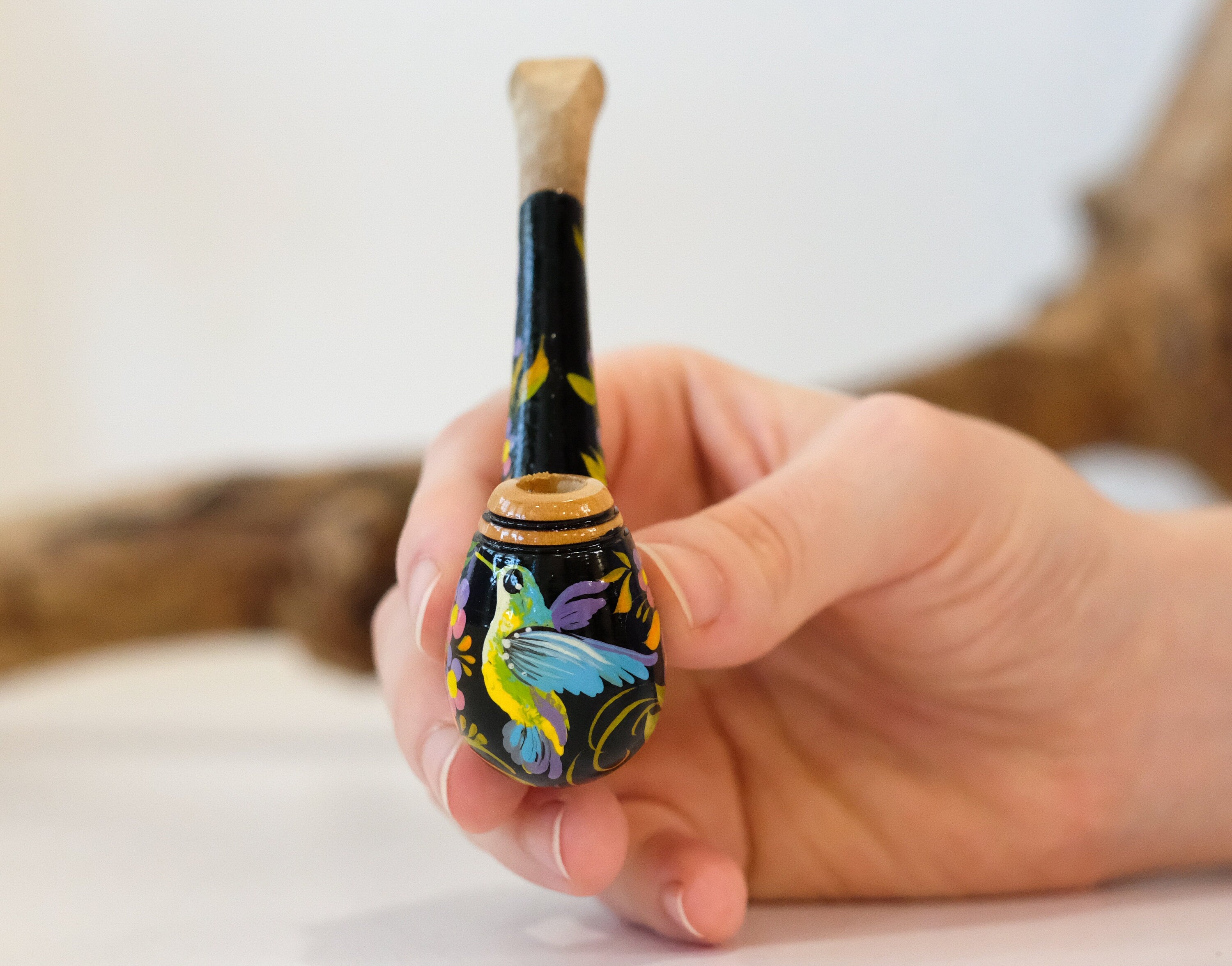Regular Hummingbird Cigarette Holder - Painted Wooden Mini Pipe Cigarette Holder with Ukrainian Folk Art Petrykivka