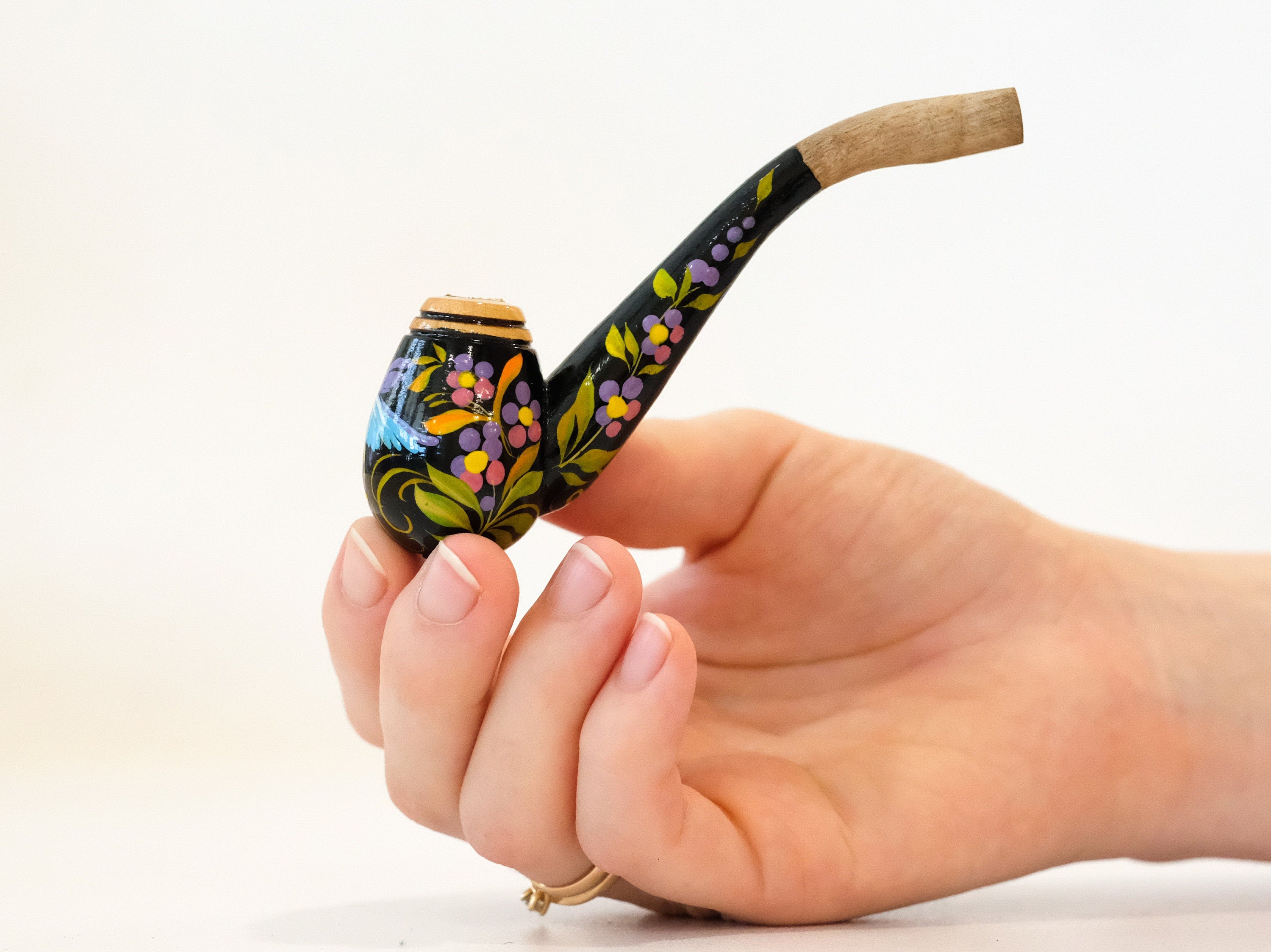 Regular Hummingbird Cigarette Holder - Painted Wooden Mini Pipe Cigarette Holder with Ukrainian Folk Art Petrykivka
