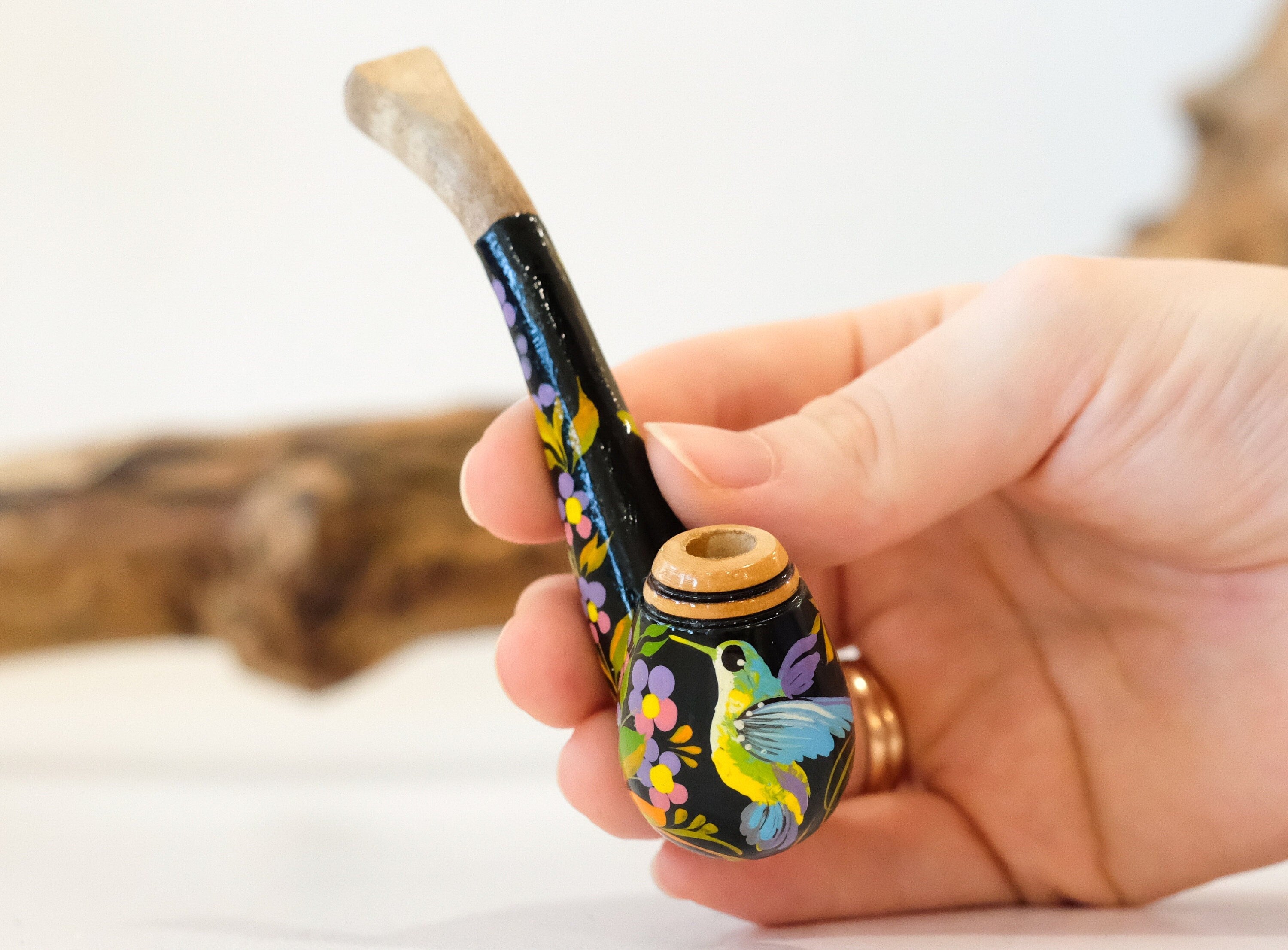 Regular Hummingbird Cigarette Holder - Painted Wooden Mini Pipe Cigarette Holder with Ukrainian Folk Art Petrykivka