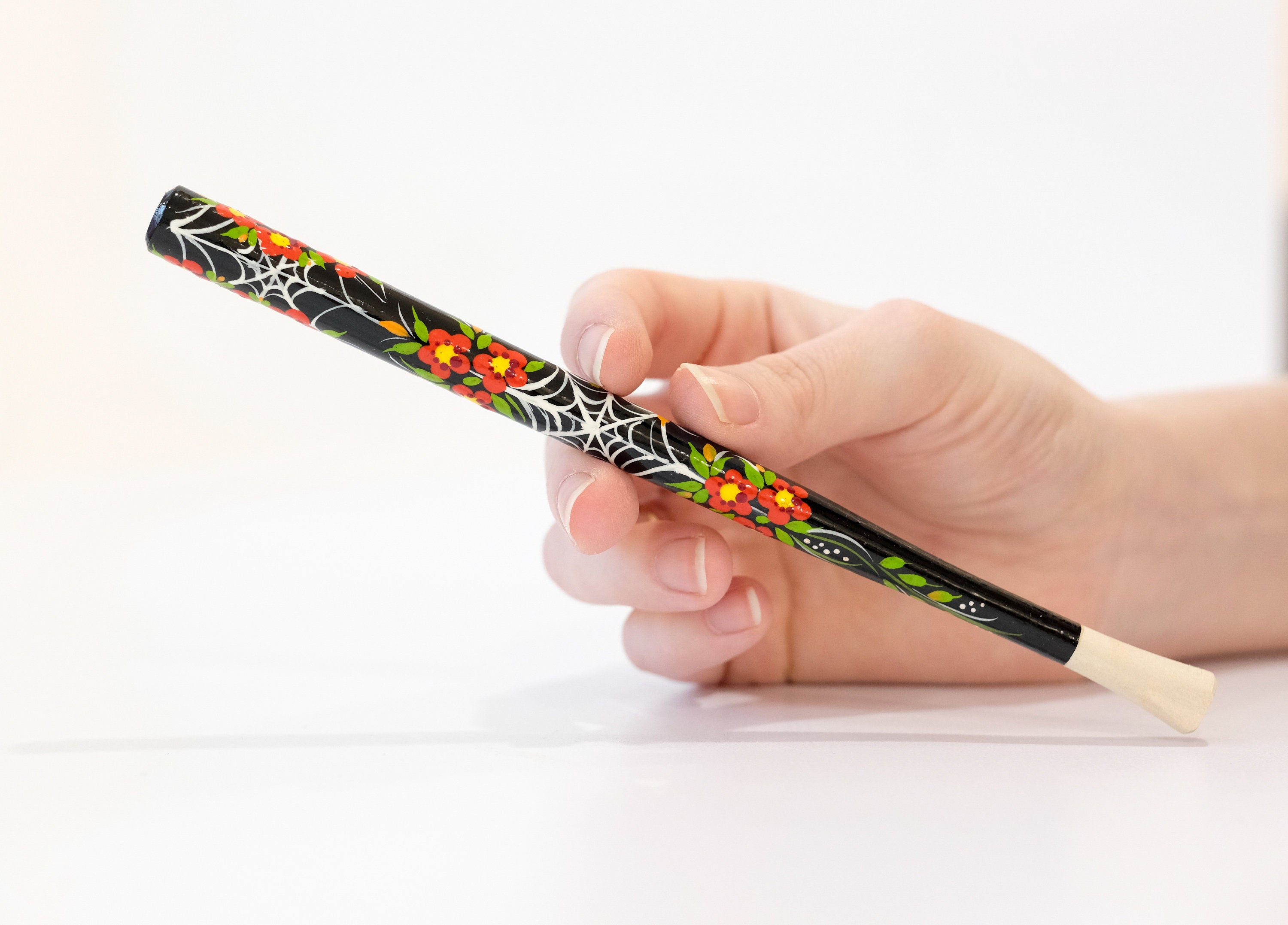 Wooden Regular Cigarette Holder - Hand-painted with Ukrainian Folk Art Petrykivka - Spider Web & Red Flowers
